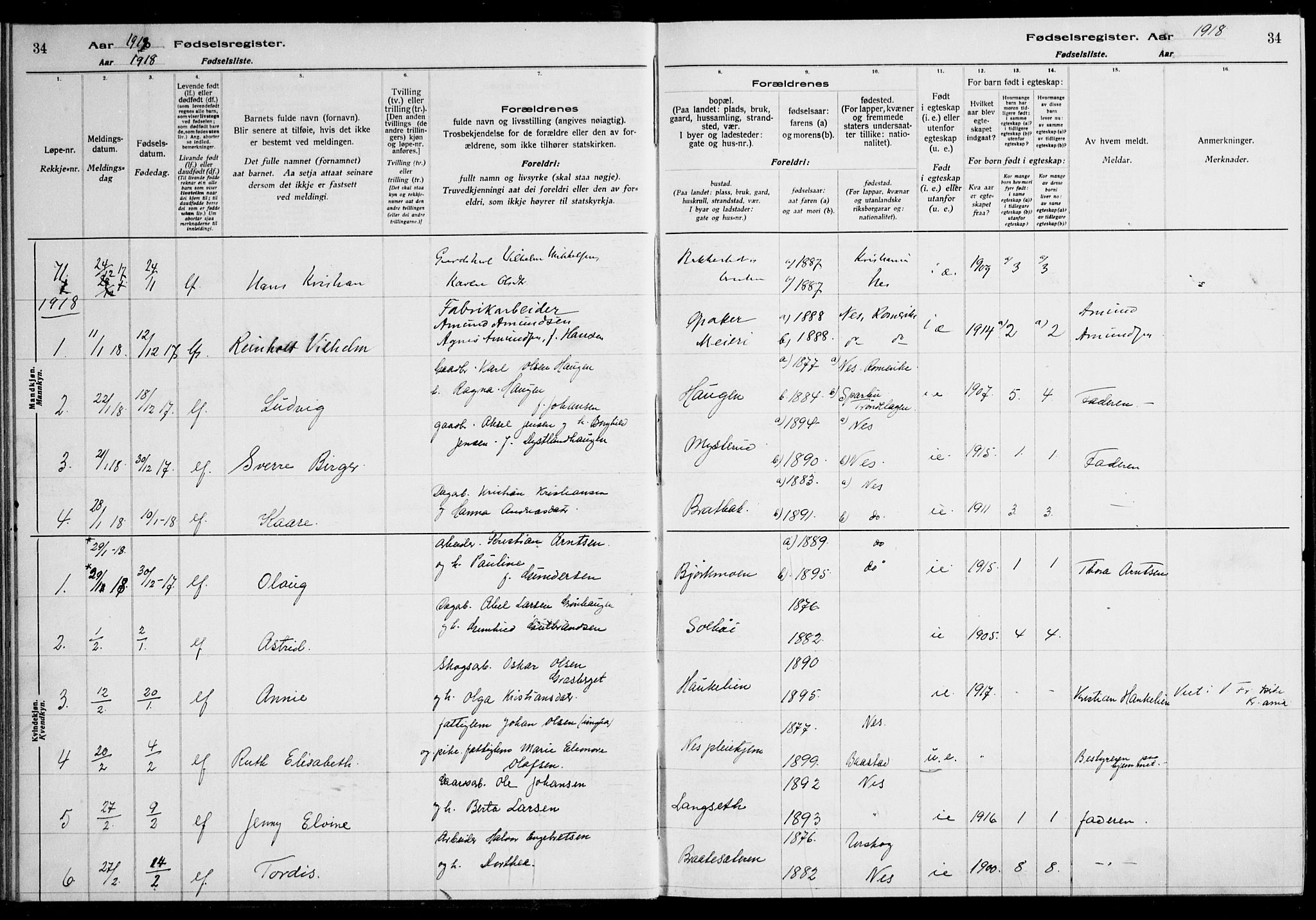 Nes prestekontor Kirkebøker, AV/SAO-A-10410/J/Ja/L0001: Fødselsregister nr. 1, 1916-1926, s. 34