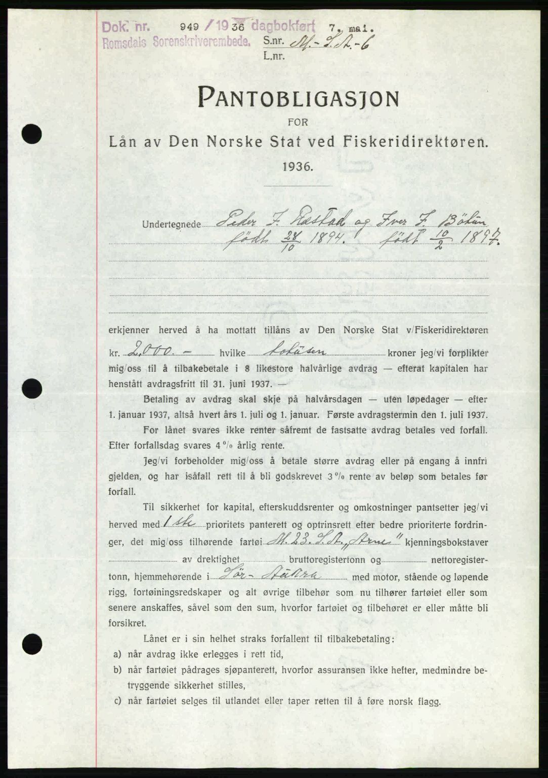 Romsdal sorenskriveri, SAT/A-4149/1/2/2C: Pantebok nr. B1, 1936-1939, Dagboknr: 949/1936