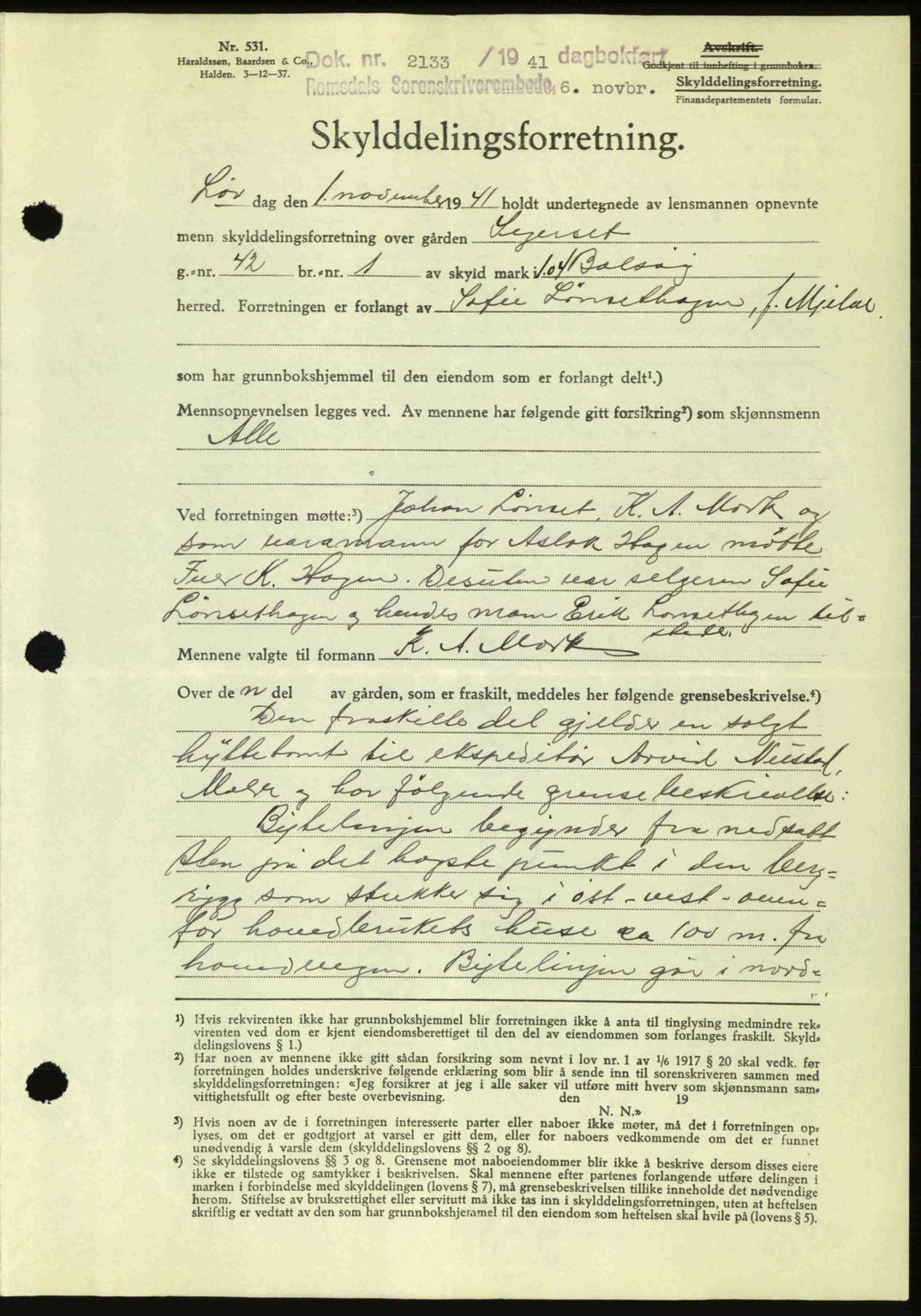 Romsdal sorenskriveri, AV/SAT-A-4149/1/2/2C: Pantebok nr. A11, 1941-1942, Dagboknr: 2133/1941