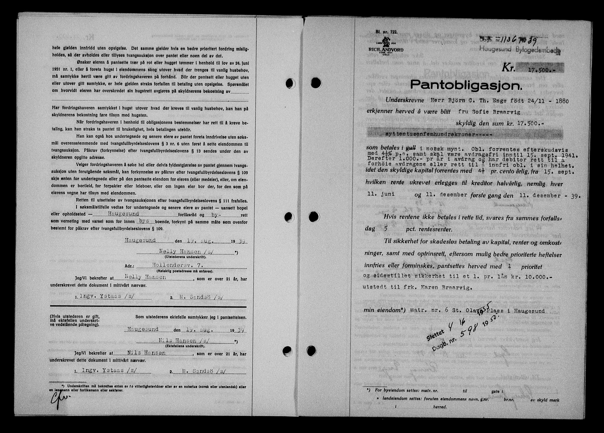 Haugesund tingrett, SAST/A-101415/01/II/IIC/L0032: Pantebok nr. 32, 1938-1939, Dagboknr: 1136/1939