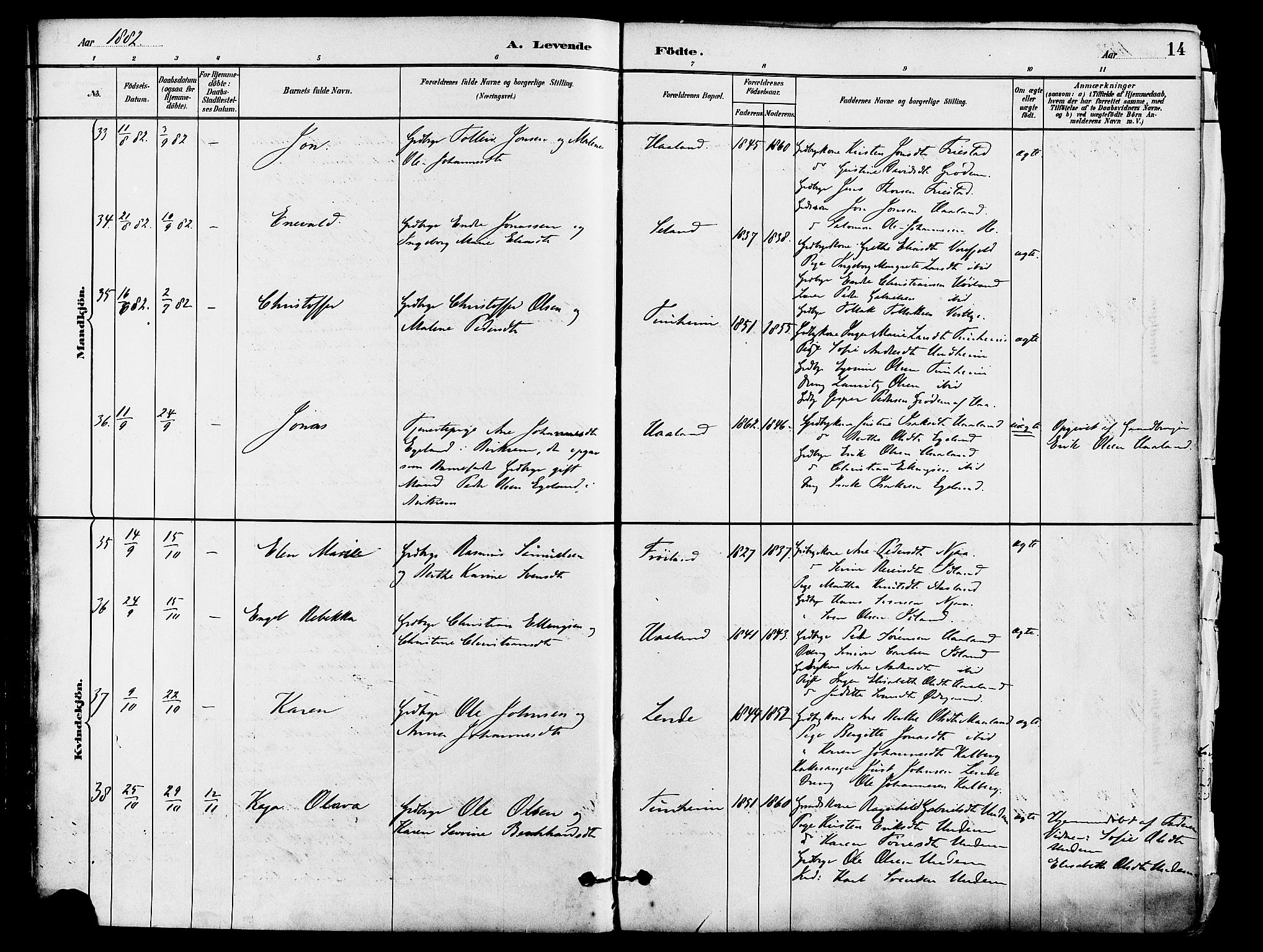 Lye sokneprestkontor, AV/SAST-A-101794/001/30BA/L0009: Ministerialbok nr. A 8, 1881-1892, s. 14