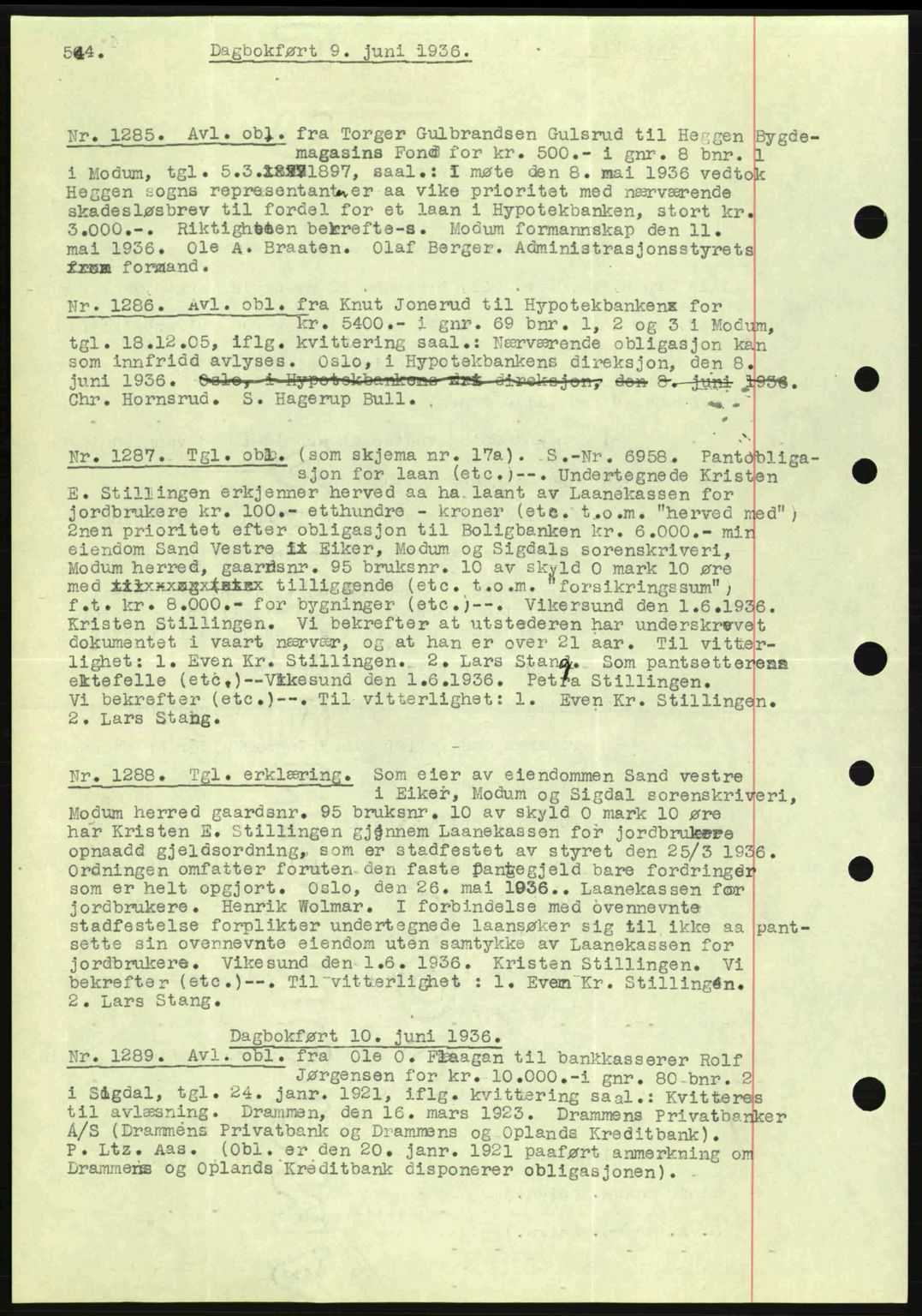 Eiker, Modum og Sigdal sorenskriveri, SAKO/A-123/G/Ga/Gab/L0032: Pantebok nr. A2, 1936-1936, Dagboknr: 1285/1936