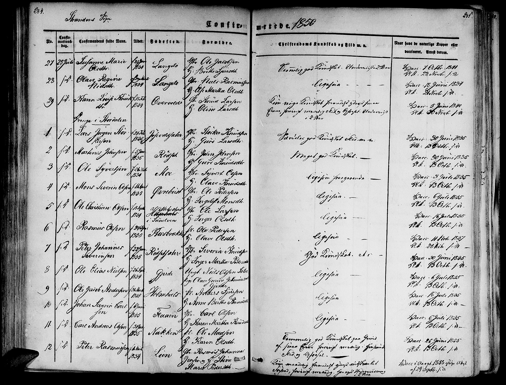 Ministerialprotokoller, klokkerbøker og fødselsregistre - Møre og Romsdal, AV/SAT-A-1454/520/L0274: Ministerialbok nr. 520A04, 1827-1864, s. 284-285