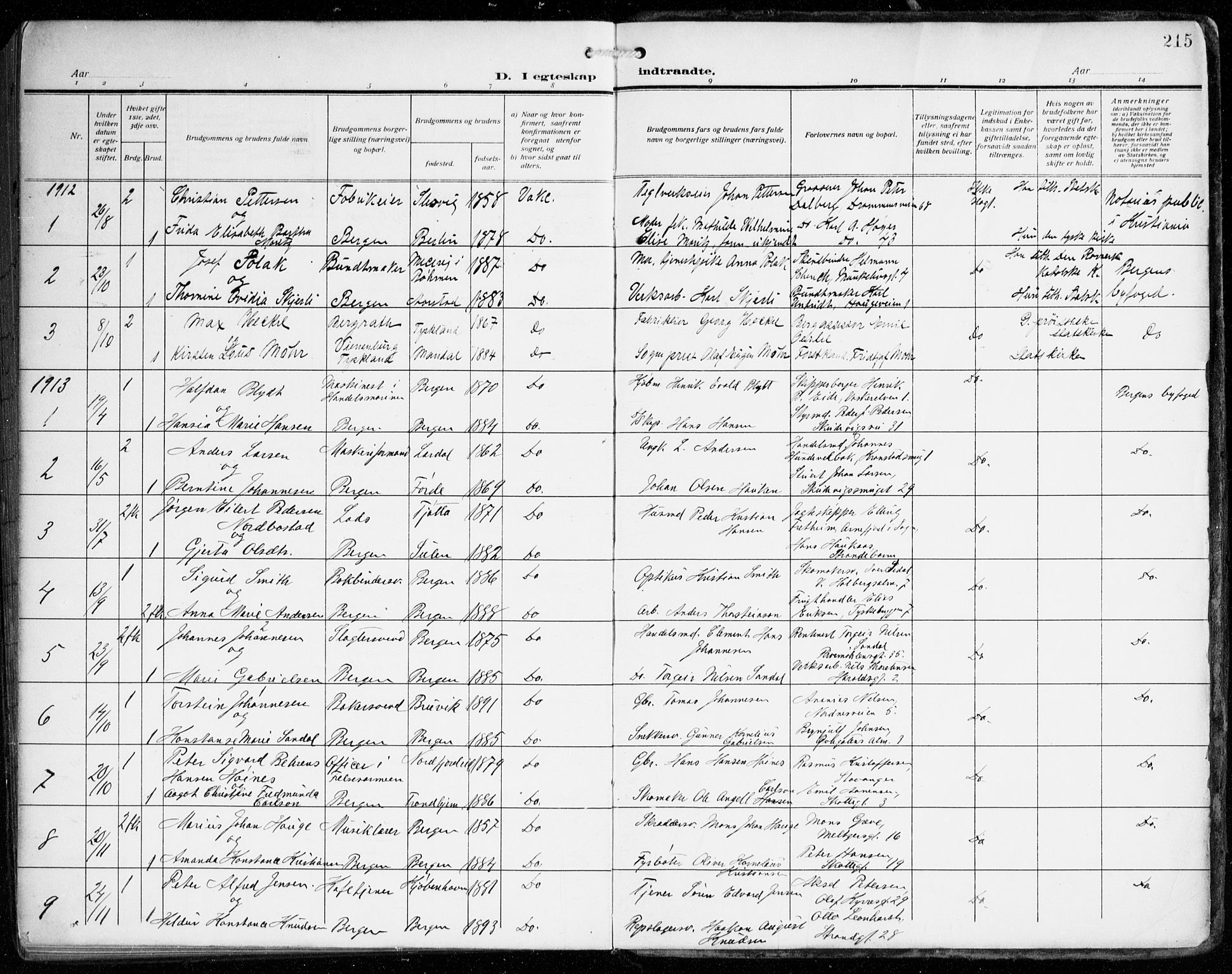 Johanneskirken sokneprestembete, AV/SAB-A-76001/H/Haa/L0013: Ministerialbok nr. D 2, 1912-1929, s. 215