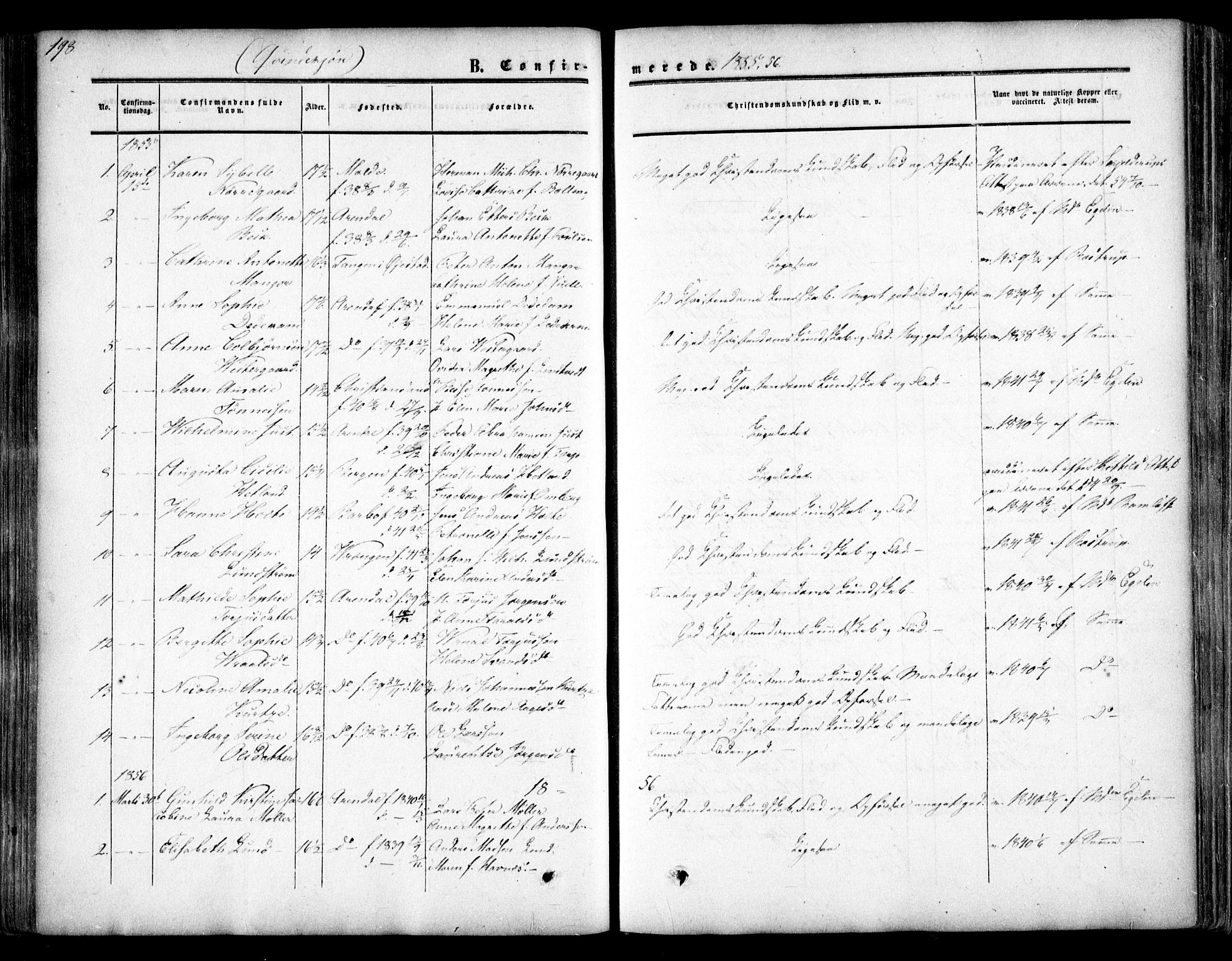 Arendal sokneprestkontor, Trefoldighet, AV/SAK-1111-0040/F/Fa/L0006: Ministerialbok nr. A 6, 1855-1868, s. 198