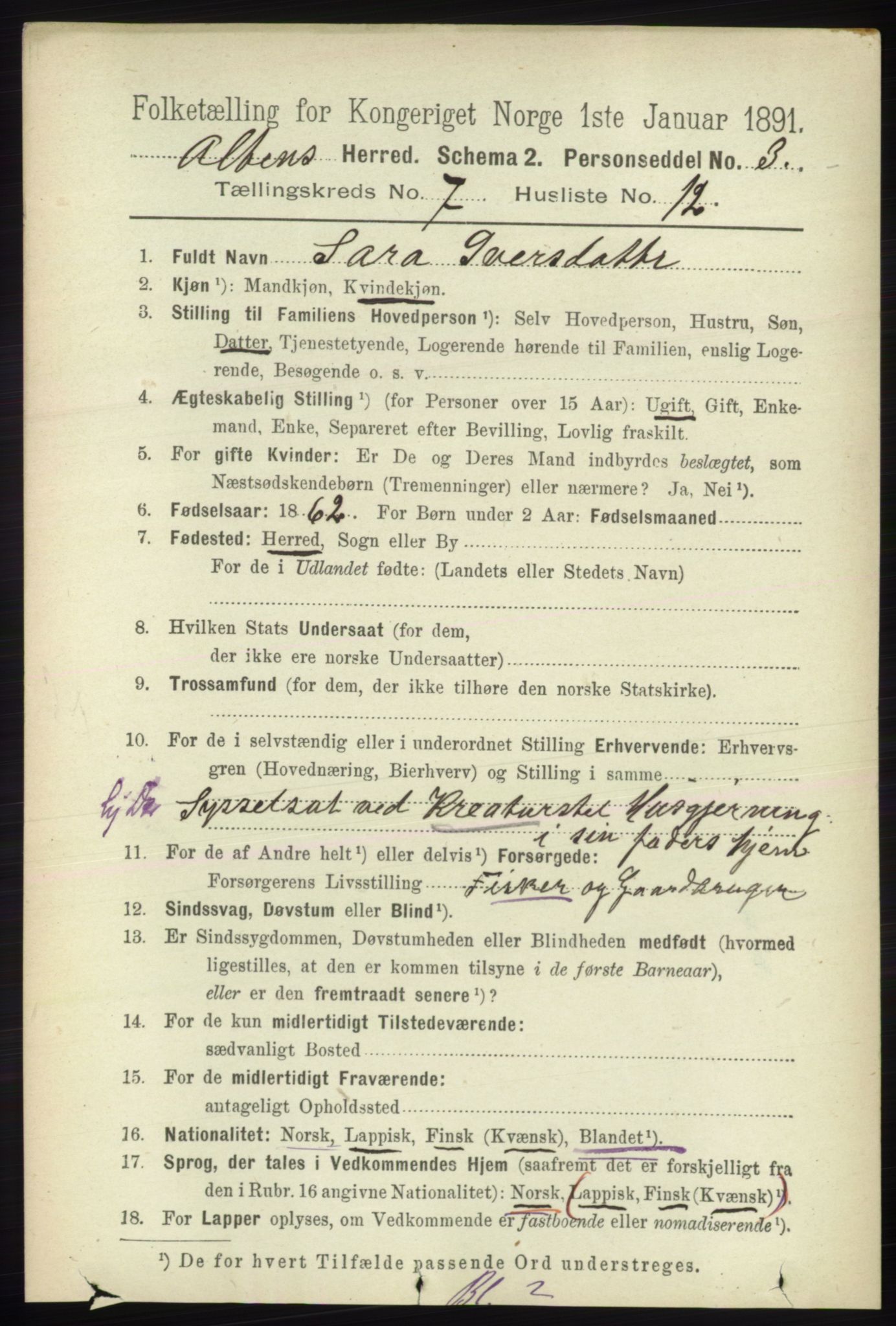 RA, Folketelling 1891 for 2012 Alta herred, 1891, s. 2169