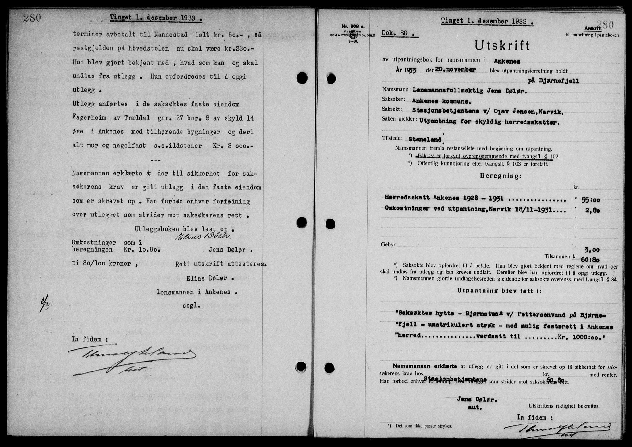 Steigen og Ofoten sorenskriveri, AV/SAT-A-0030/1/2/2C/L0023/0002: Pantebok nr. 26-II og 27, 1933-1934, Tingl.dato: 01.12.1933