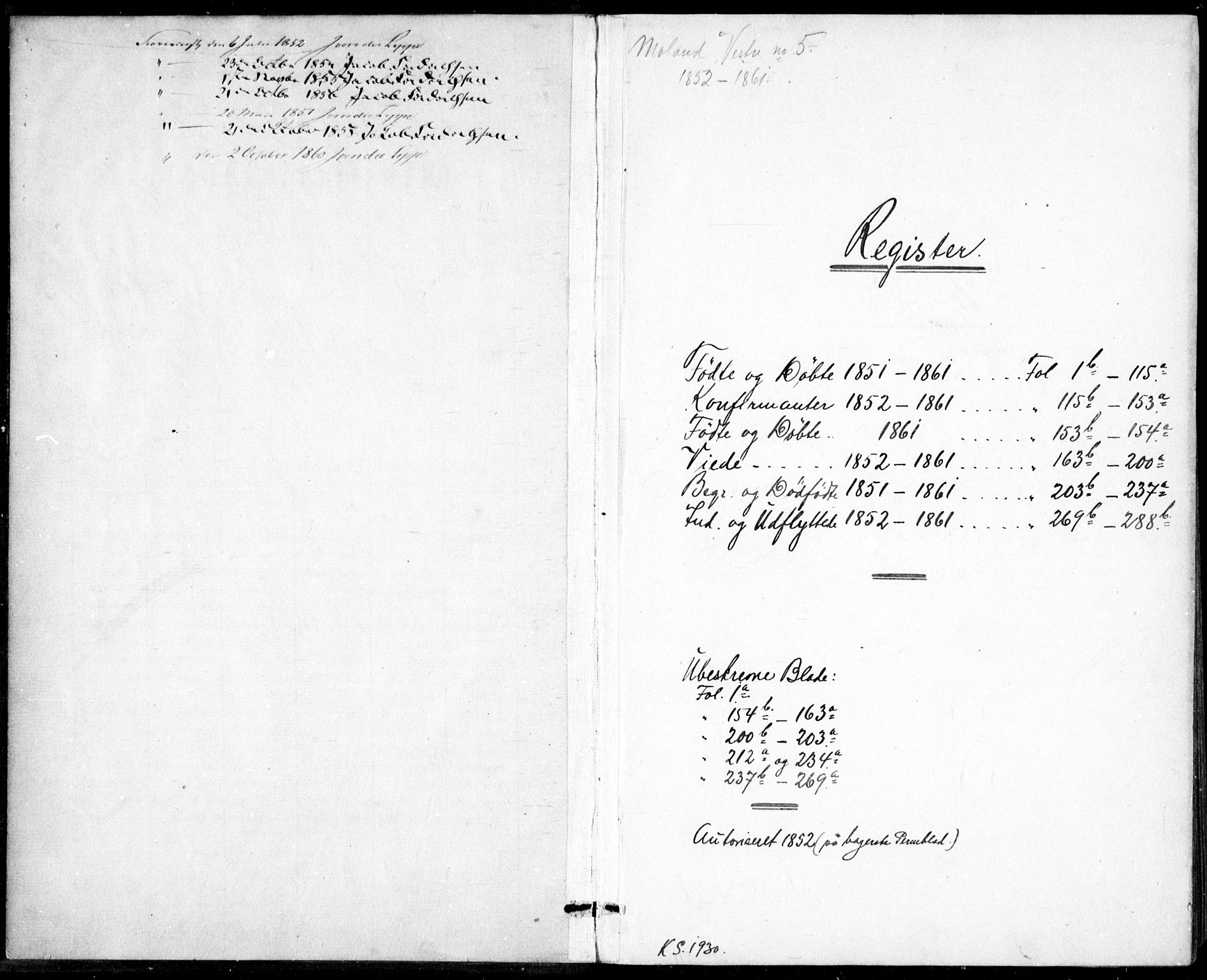 Vestre Moland sokneprestkontor, AV/SAK-1111-0046/F/Fb/Fbb/L0003: Klokkerbok nr. B 3, 1851-1861