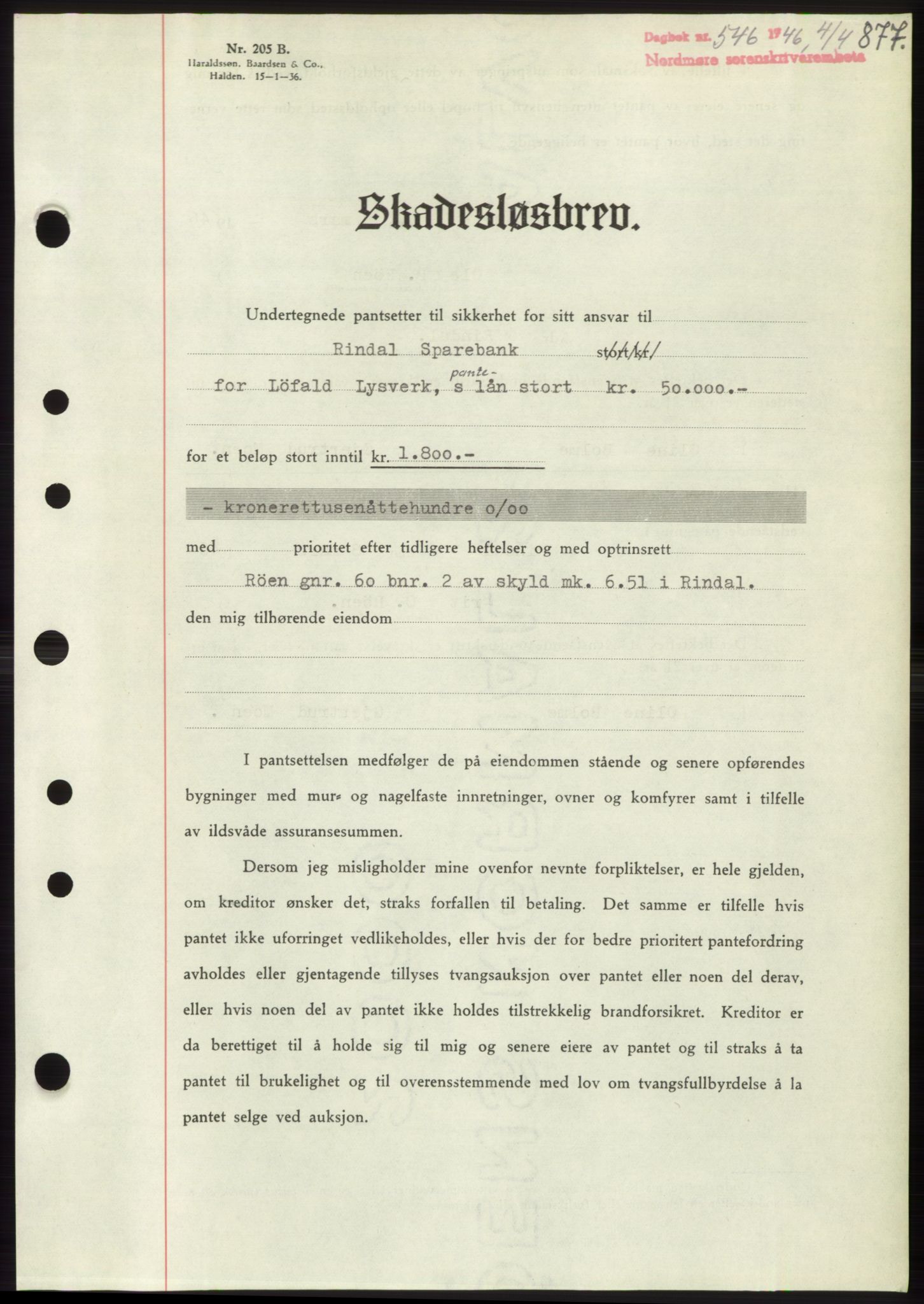 Nordmøre sorenskriveri, SAT/A-4132/1/2/2Ca: Pantebok nr. B93b, 1946-1946, Dagboknr: 546/1946