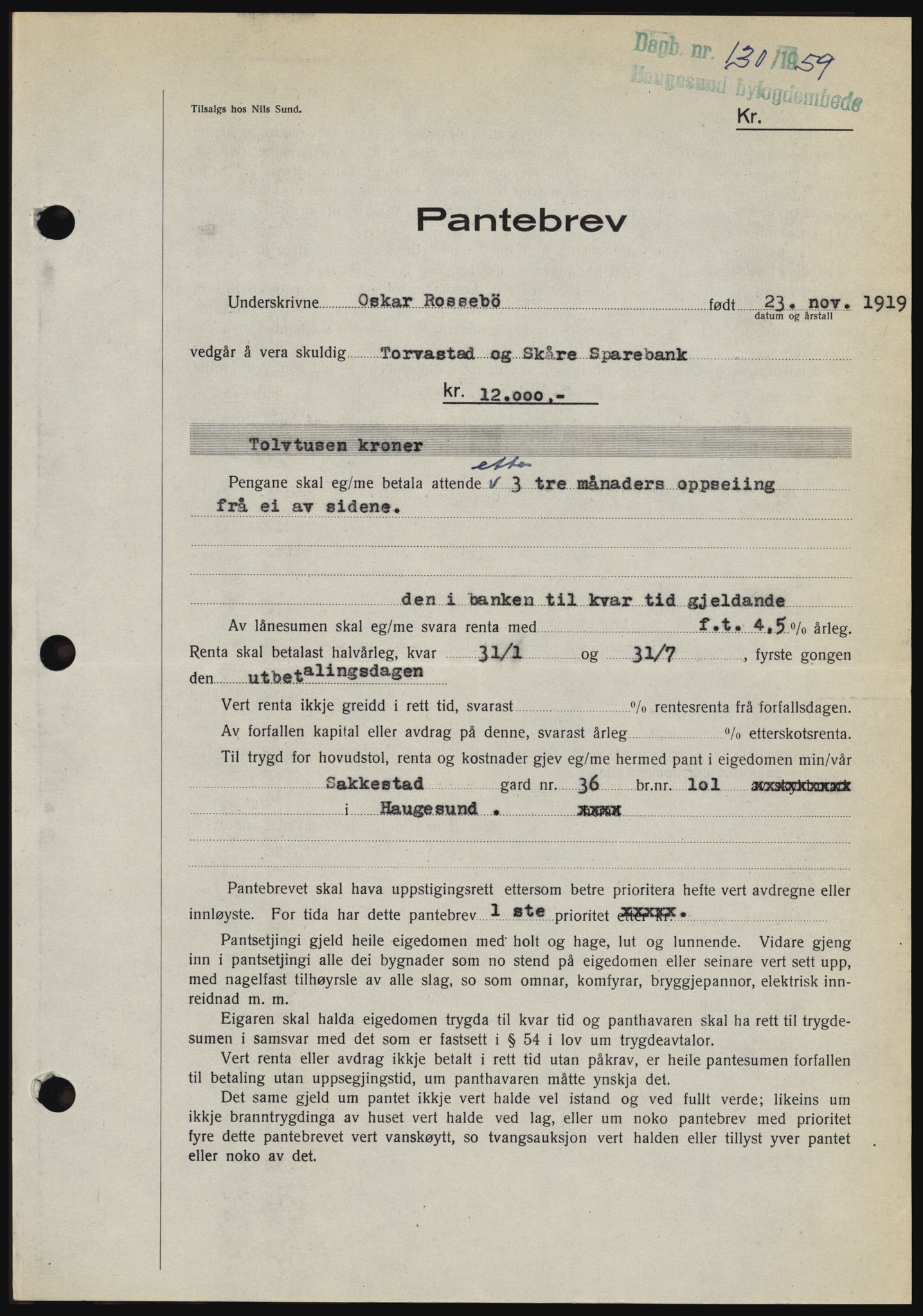 Haugesund tingrett, SAST/A-101415/01/II/IIC/L0044: Pantebok nr. B 44, 1958-1959, Dagboknr: 130/1959