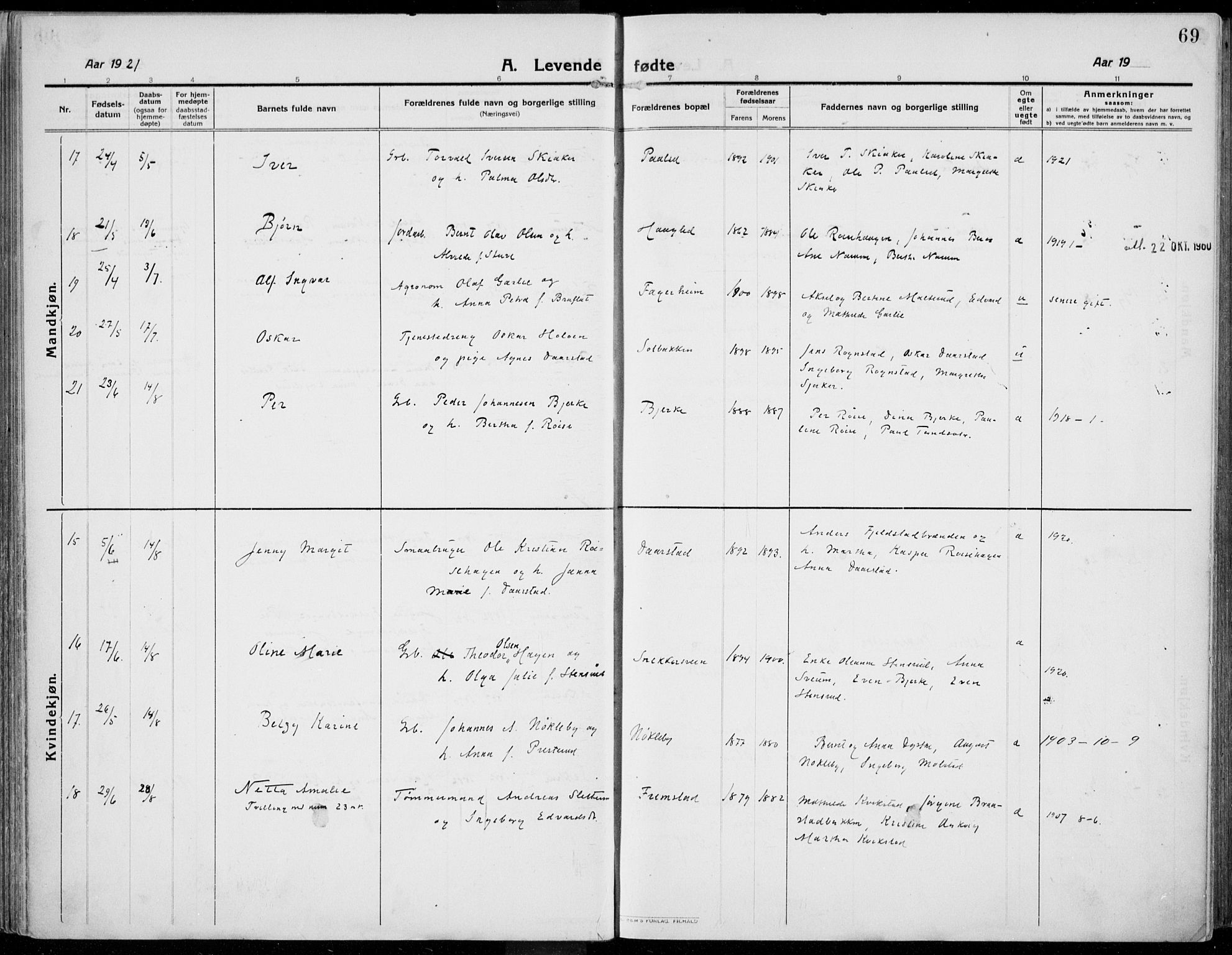 Kolbu prestekontor, AV/SAH-PREST-110/H/Ha/Haa/L0002: Ministerialbok nr. 2, 1912-1926, s. 69