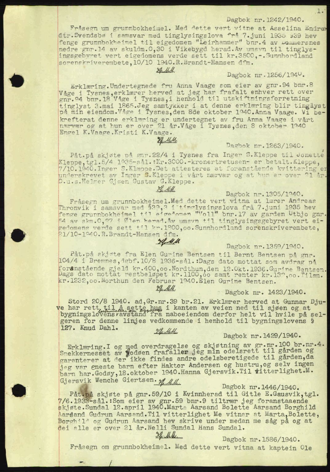 Sunnhordland sorenskrivar, SAB/A-2401: Pantebok nr. A69, 1940-1941, Dagboknr: 1242/1940