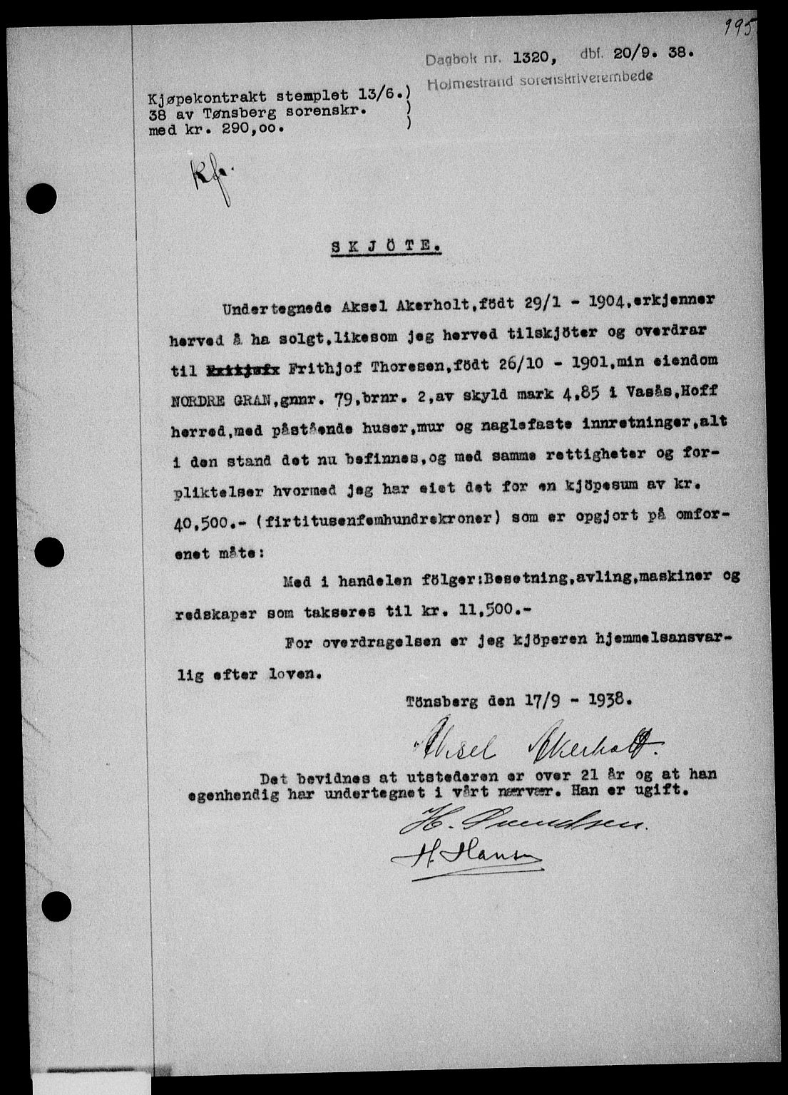 Holmestrand sorenskriveri, SAKO/A-67/G/Ga/Gaa/L0049: Pantebok nr. A-49, 1937-1938, Dagboknr: 1320/1938