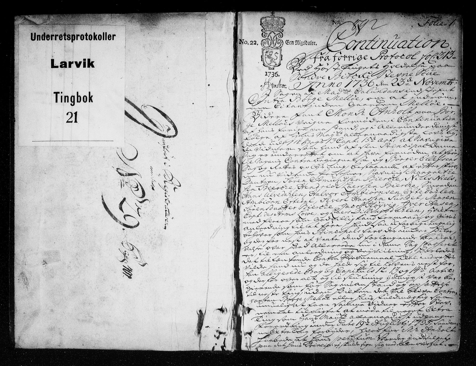 Larvik sorenskriveri, SAKO/A-83/F/Fa/L0021: Tingbok, 1736-1741, s. 1
