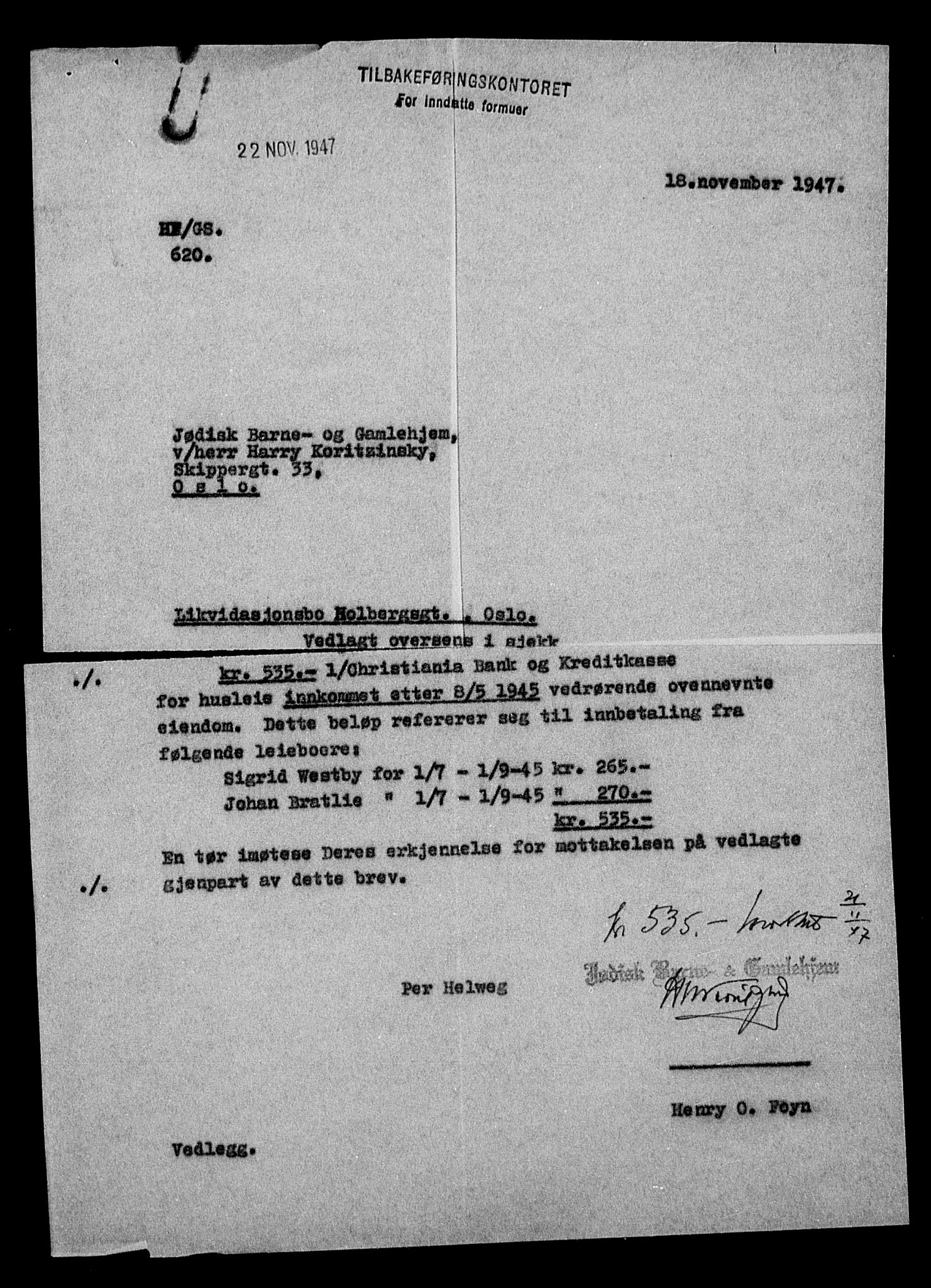 Justisdepartementet, Tilbakeføringskontoret for inndratte formuer, AV/RA-S-1564/H/Hc/Hcc/L0944: --, 1945-1947, s. 199