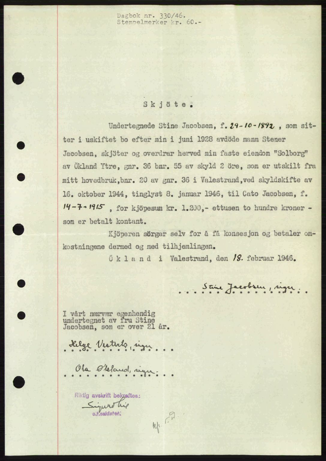 Sunnhordland sorenskrivar, SAB/A-2401: Pantebok nr. A78b, 1946-1946, Dagboknr: 330/1946