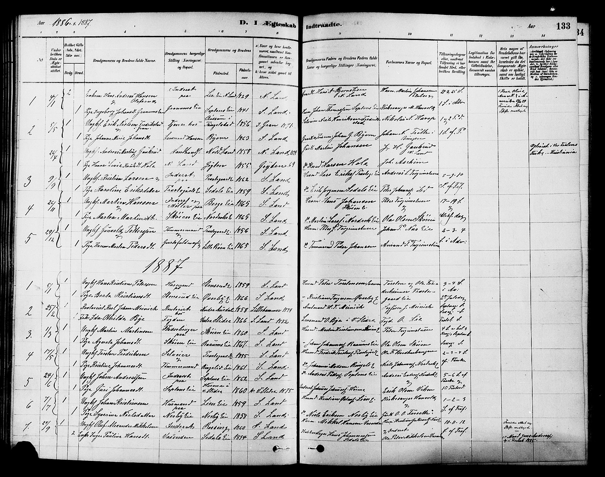 Søndre Land prestekontor, AV/SAH-PREST-122/K/L0002: Ministerialbok nr. 2, 1878-1894, s. 133
