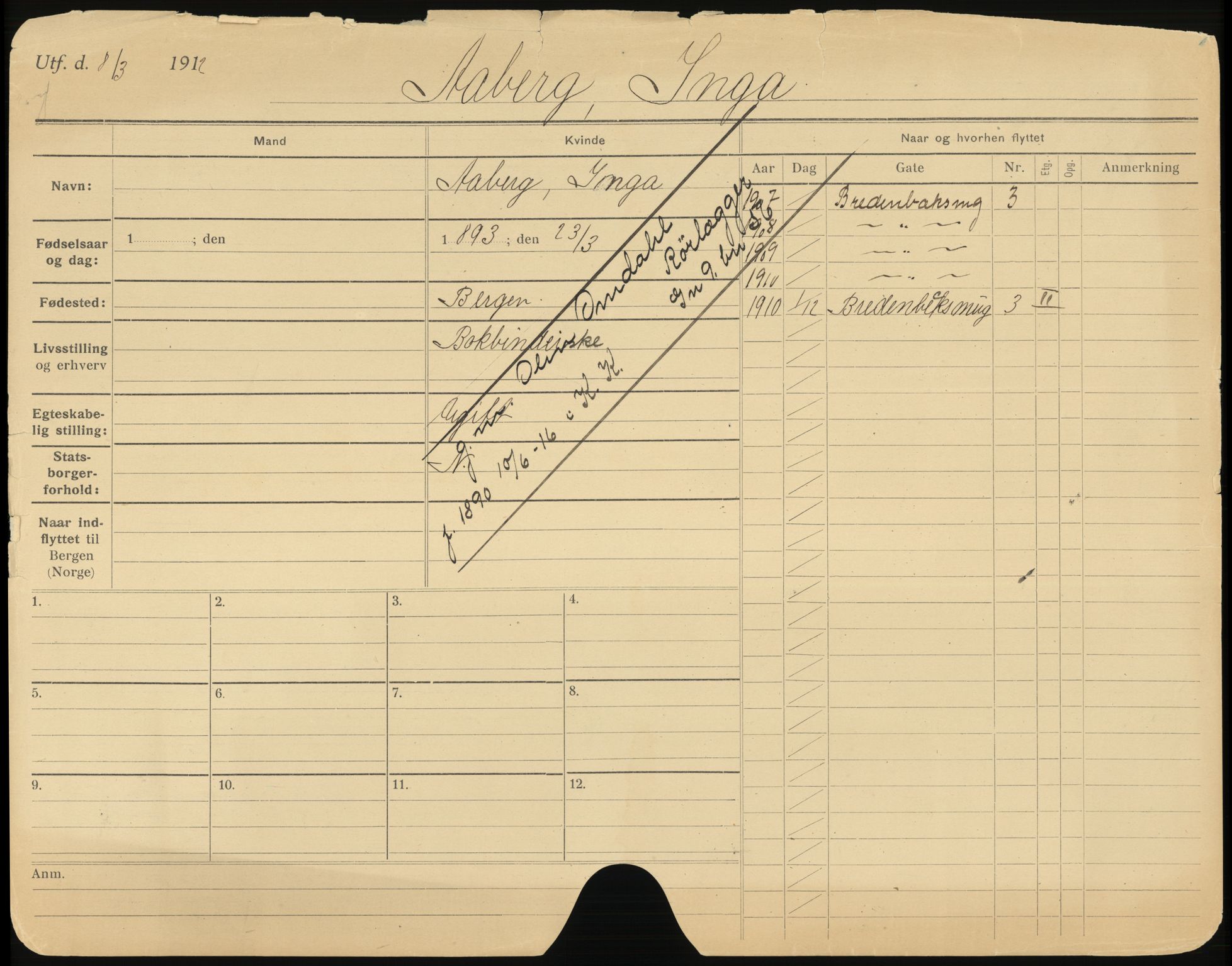 Bergen folkeregister, AV/SAB-A-17201/K/Ka/L0001: Gifte kvinner 1912 - 1919, Aaberg - Cook, 1912-1919