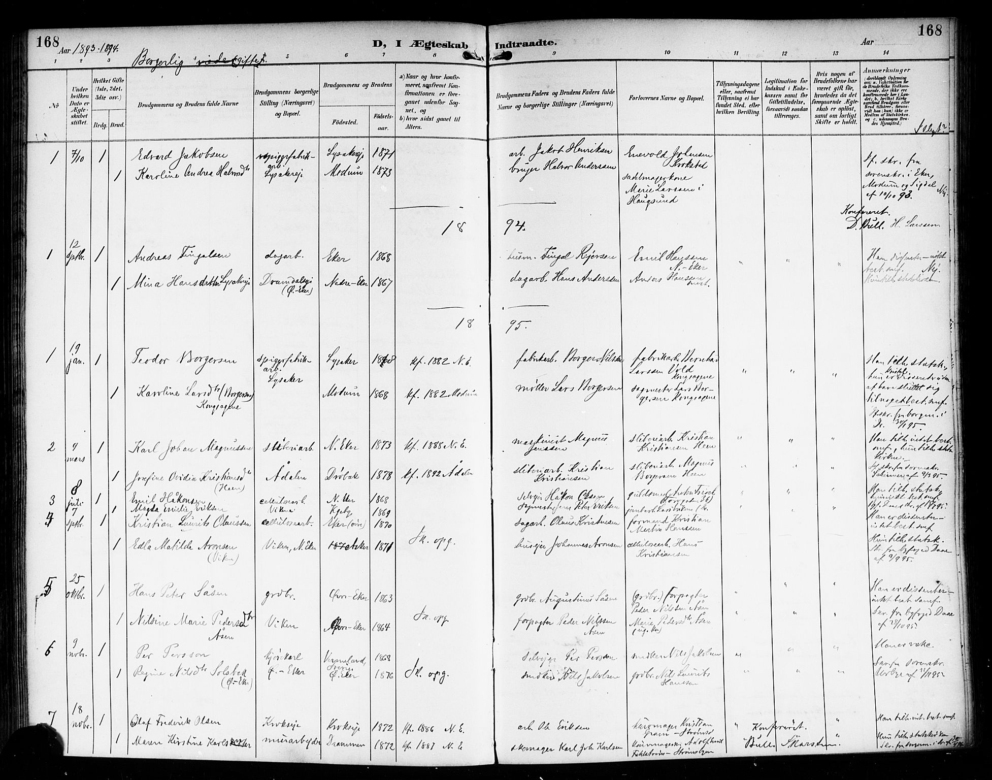 Nedre Eiker kirkebøker, AV/SAKO-A-612/F/Fa/L0004: Ministerialbok nr. 4, 1893-1898, s. 168