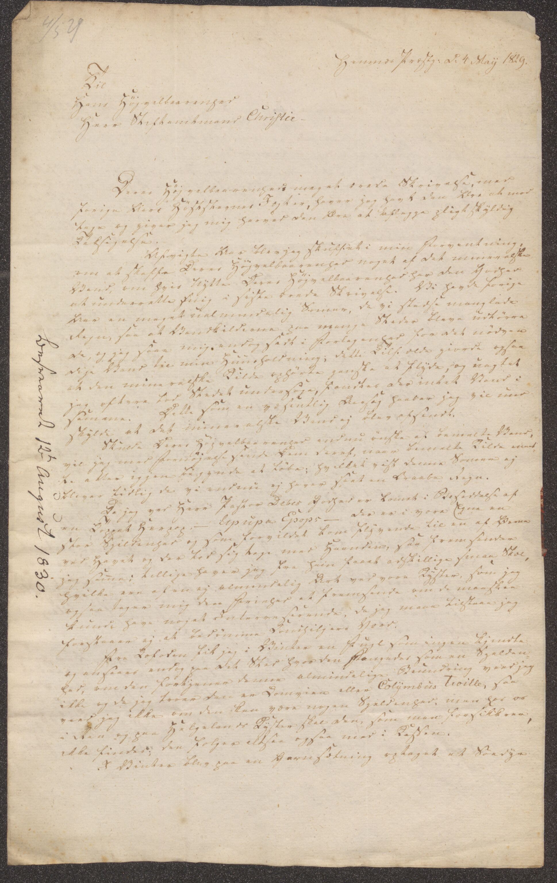 Bergens Museum, UMB/A007/D/Da/L0004/0001: Innkommende brev 1829 - 1830 / Innkommende brev 1829, 1829