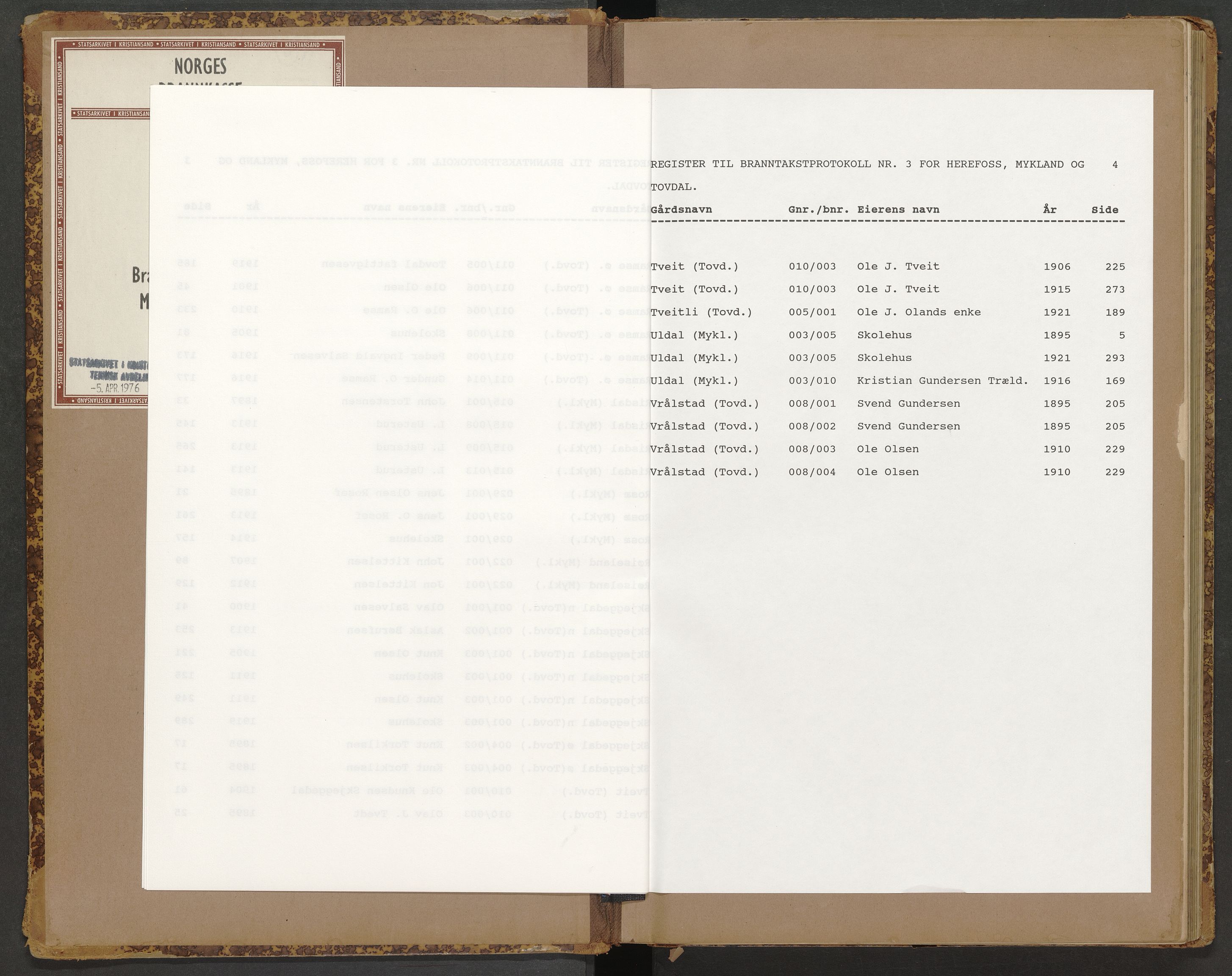 Norges Brannkasse Herefoss, AV/SAK-2241-0022/F/Fa/L0003: Branntakstprotokoll nr. 3 med gårdsnavnregister, 1894-1923