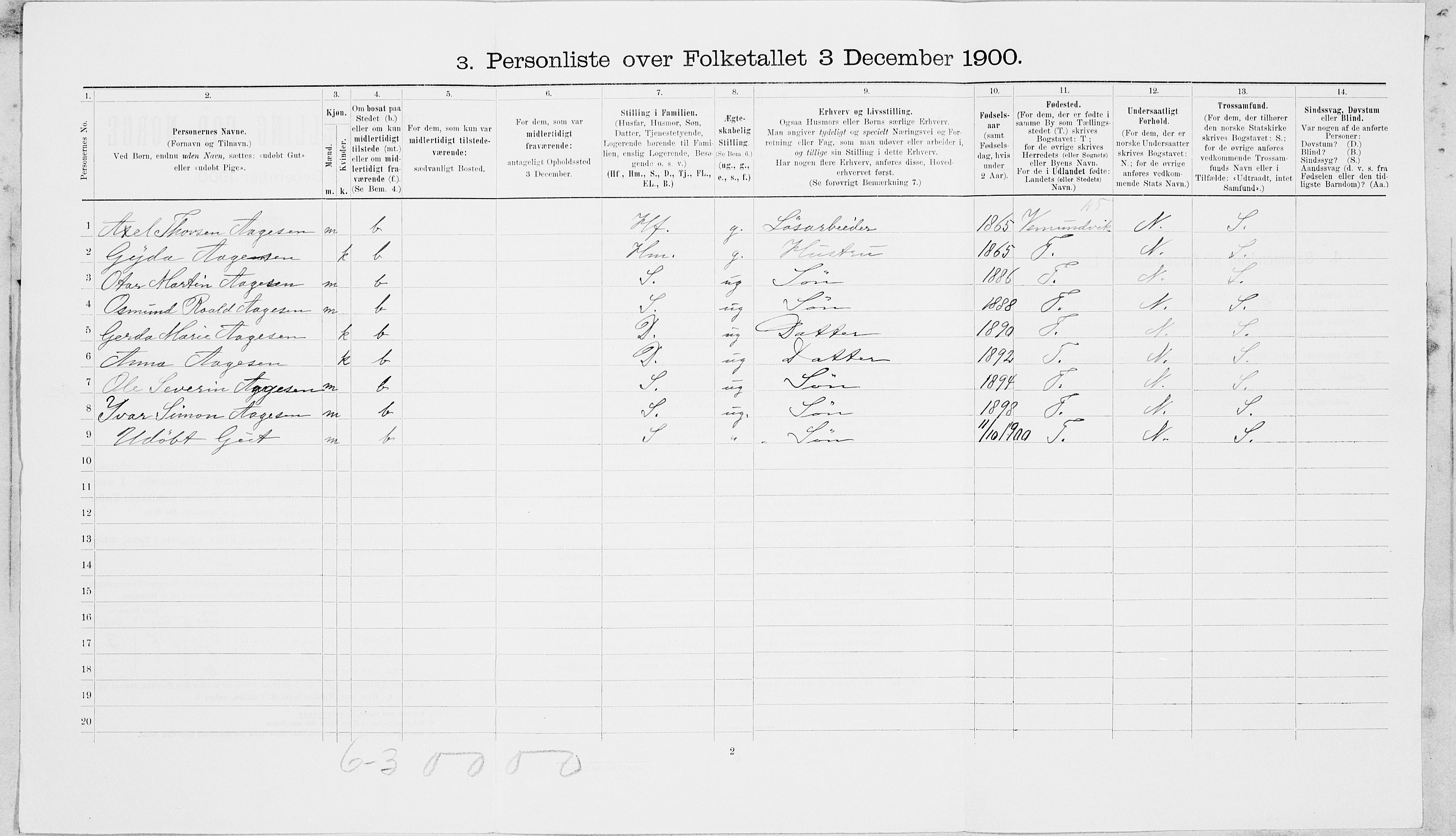 SAT, Folketelling 1900 for 1703 Namsos ladested, 1900, s. 607