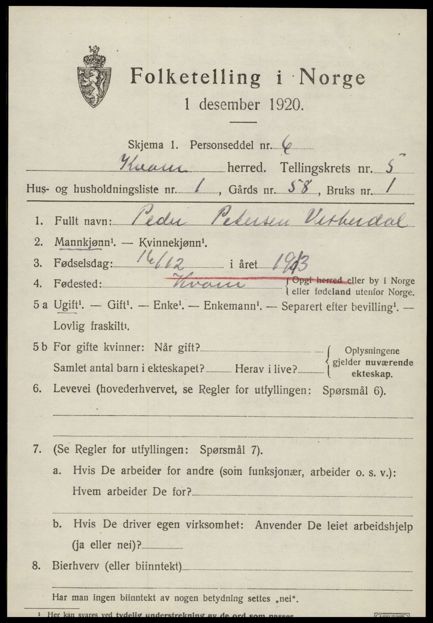 SAT, Folketelling 1920 for 1735 Kvam herred, 1920, s. 1387