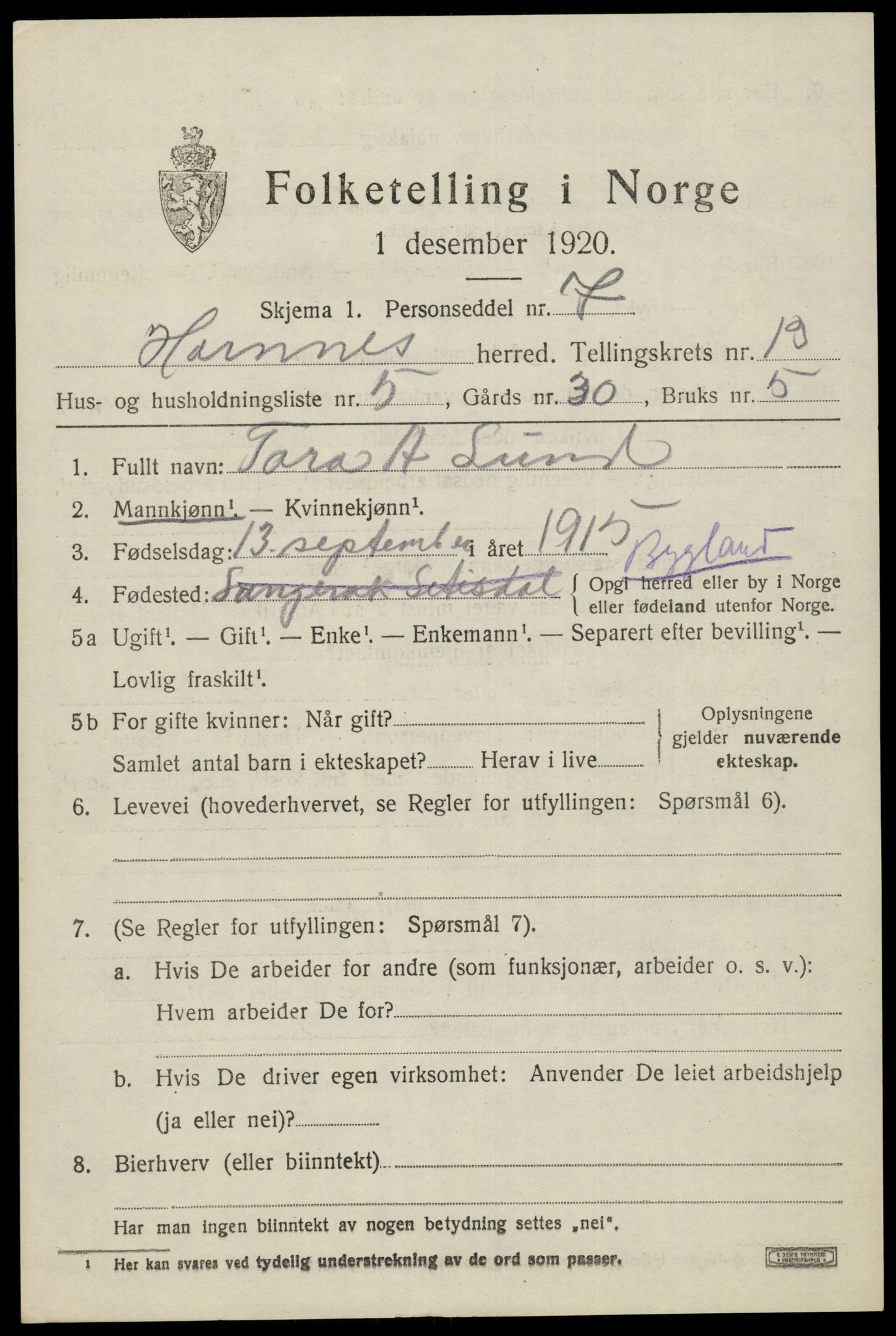 SAK, Folketelling 1920 for 0936 Hornnes herred, 1920, s. 3117