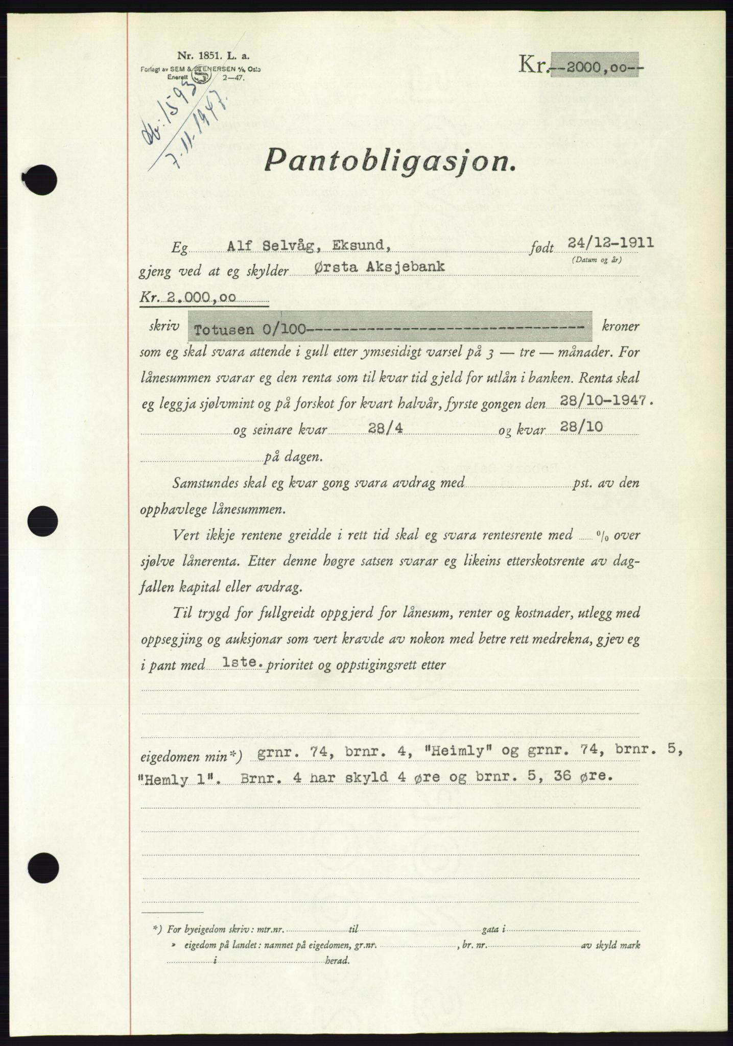 Søre Sunnmøre sorenskriveri, AV/SAT-A-4122/1/2/2C/L0115: Pantebok nr. 3B, 1947-1948, Dagboknr: 1595/1947