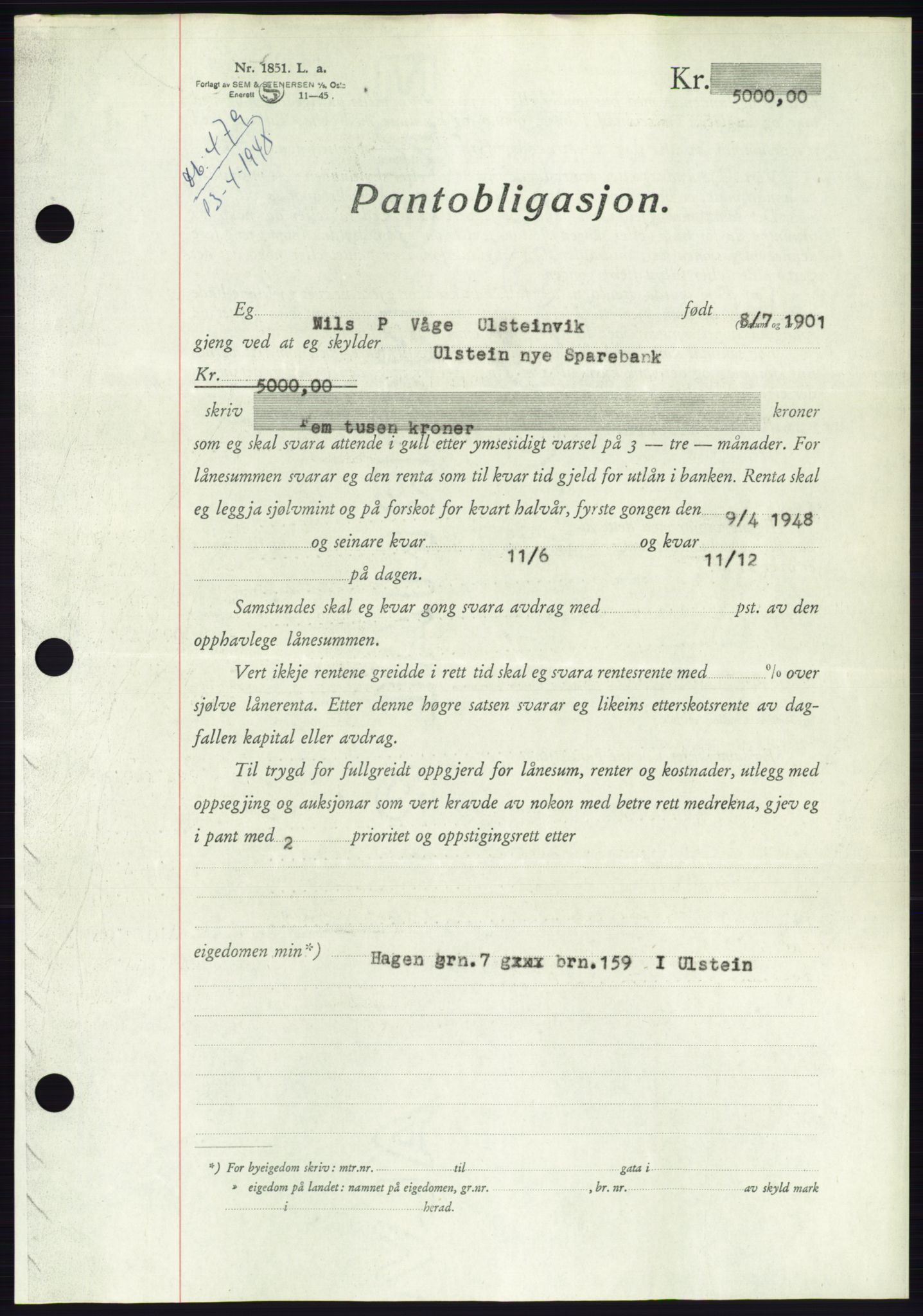 Søre Sunnmøre sorenskriveri, AV/SAT-A-4122/1/2/2C/L0115: Pantebok nr. 3B, 1947-1948, Dagboknr: 479/1948