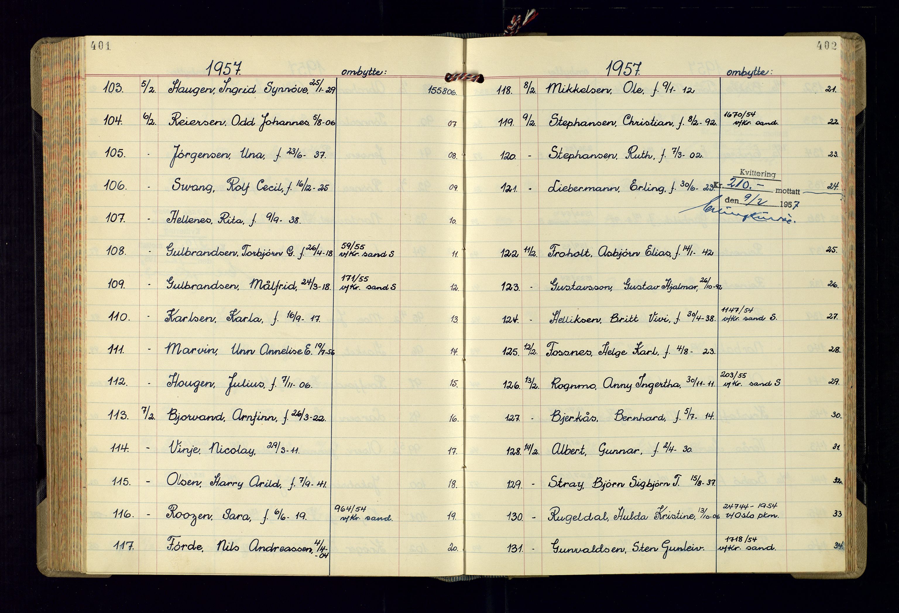 Kristiansand politikammer - 2, AV/SAK-1243-0009/K/Ka/Kaa/L0613: Passprotokoll, liste med løpenumre, 1954-1958, s. 401-402