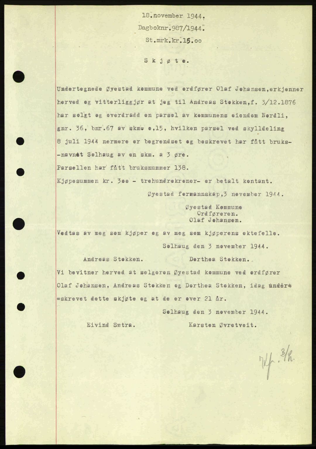 Nedenes sorenskriveri, SAK/1221-0006/G/Gb/Gba/L0052: Pantebok nr. A6a, 1944-1945, Dagboknr: 987/1944