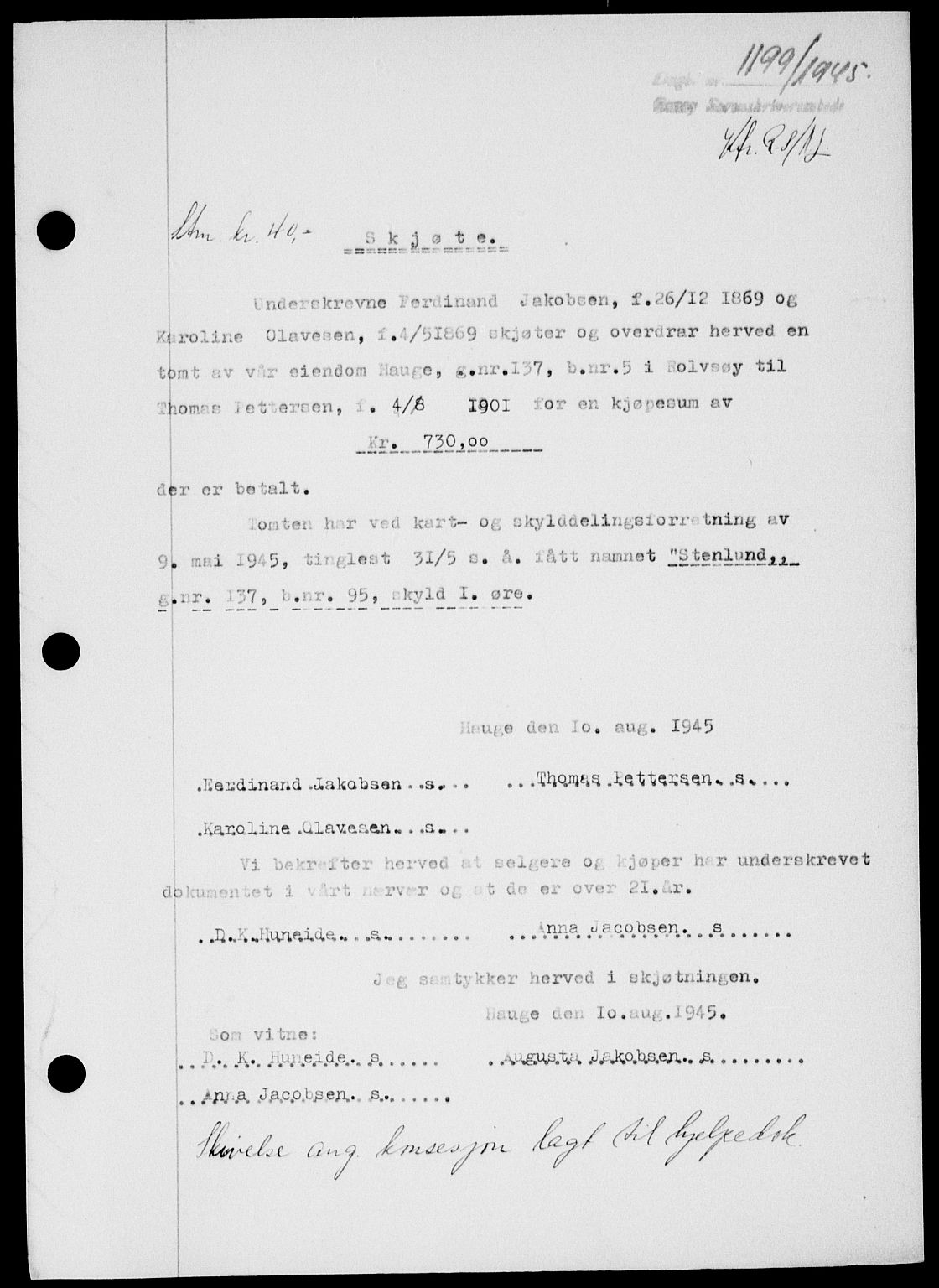 Onsøy sorenskriveri, SAO/A-10474/G/Ga/Gab/L0014: Pantebok nr. II A-14, 1944-1945, Dagboknr: 1199/1945
