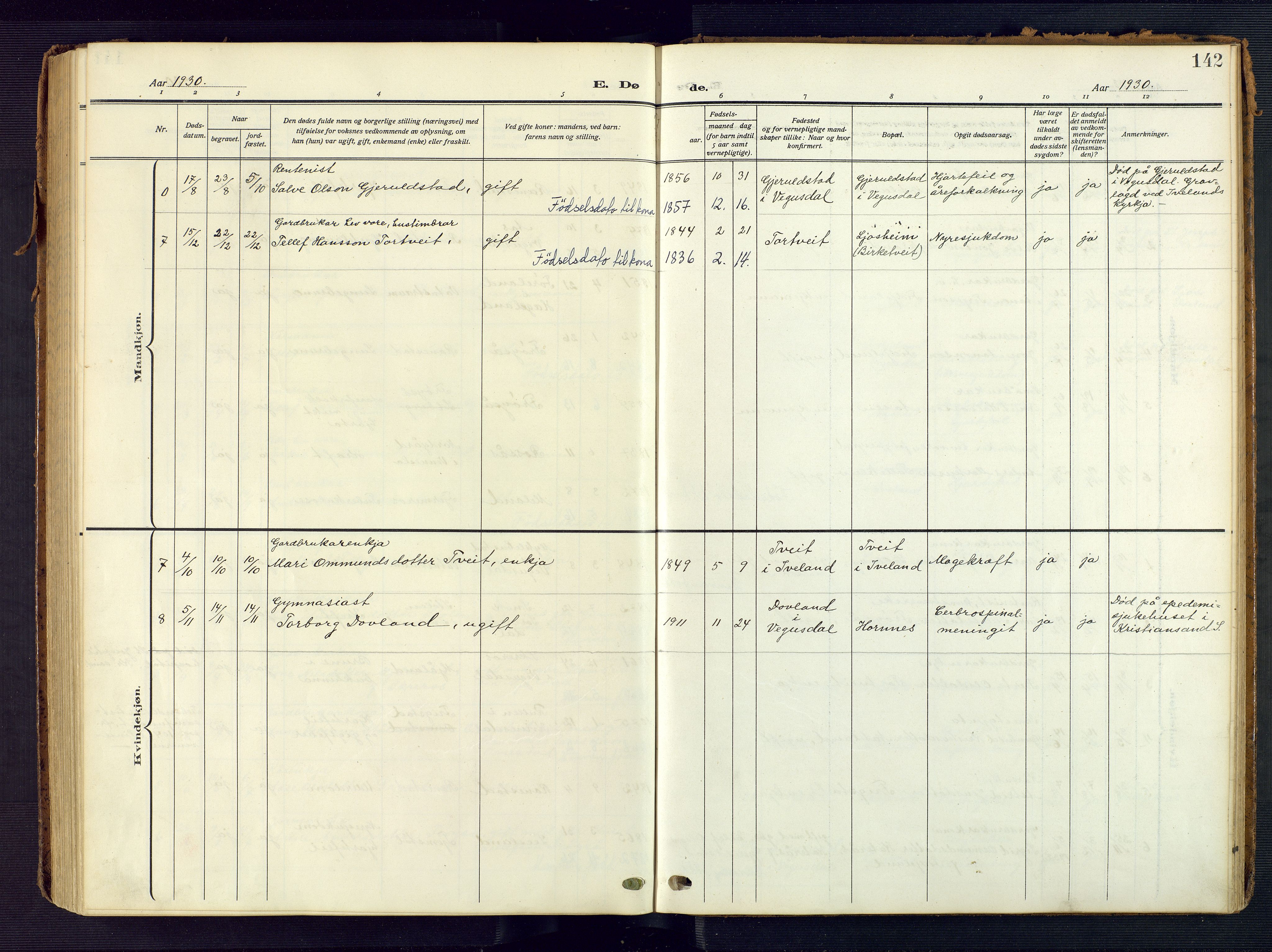 Evje sokneprestkontor, AV/SAK-1111-0008/F/Fa/Fac/L0004: Ministerialbok nr. A 4, 1910-1932, s. 142