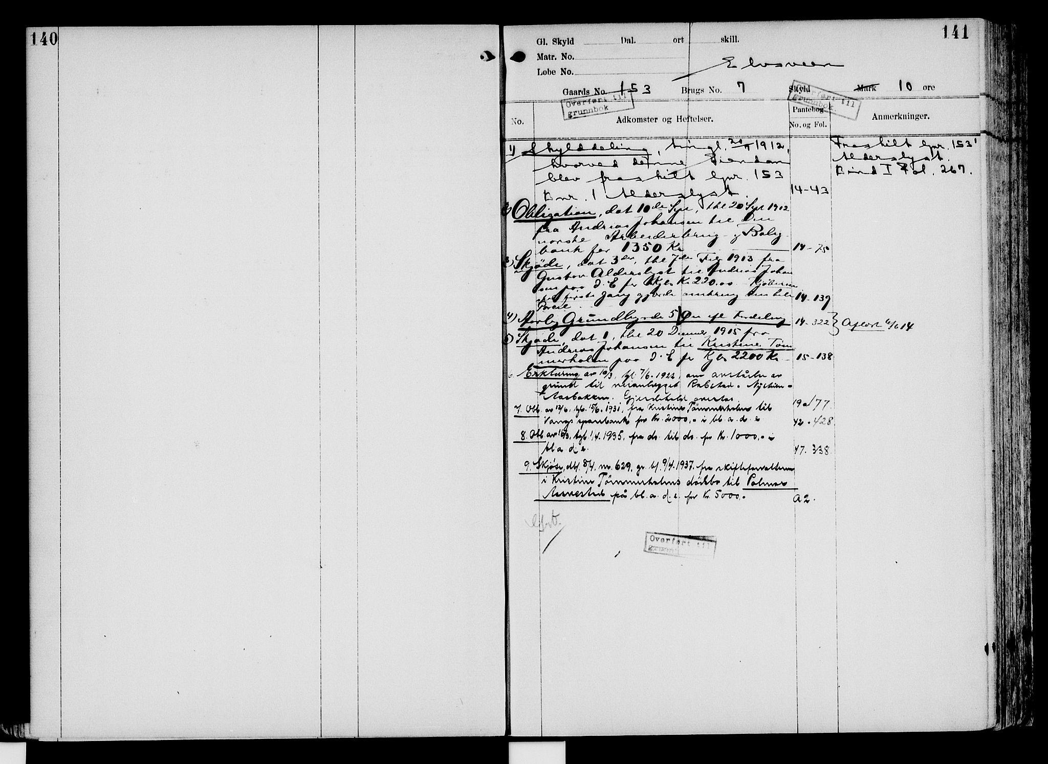 Nord-Hedmark sorenskriveri, SAH/TING-012/H/Ha/Had/Hade/L0004: Panteregister nr. 4.4, 1910-1940, s. 140-141