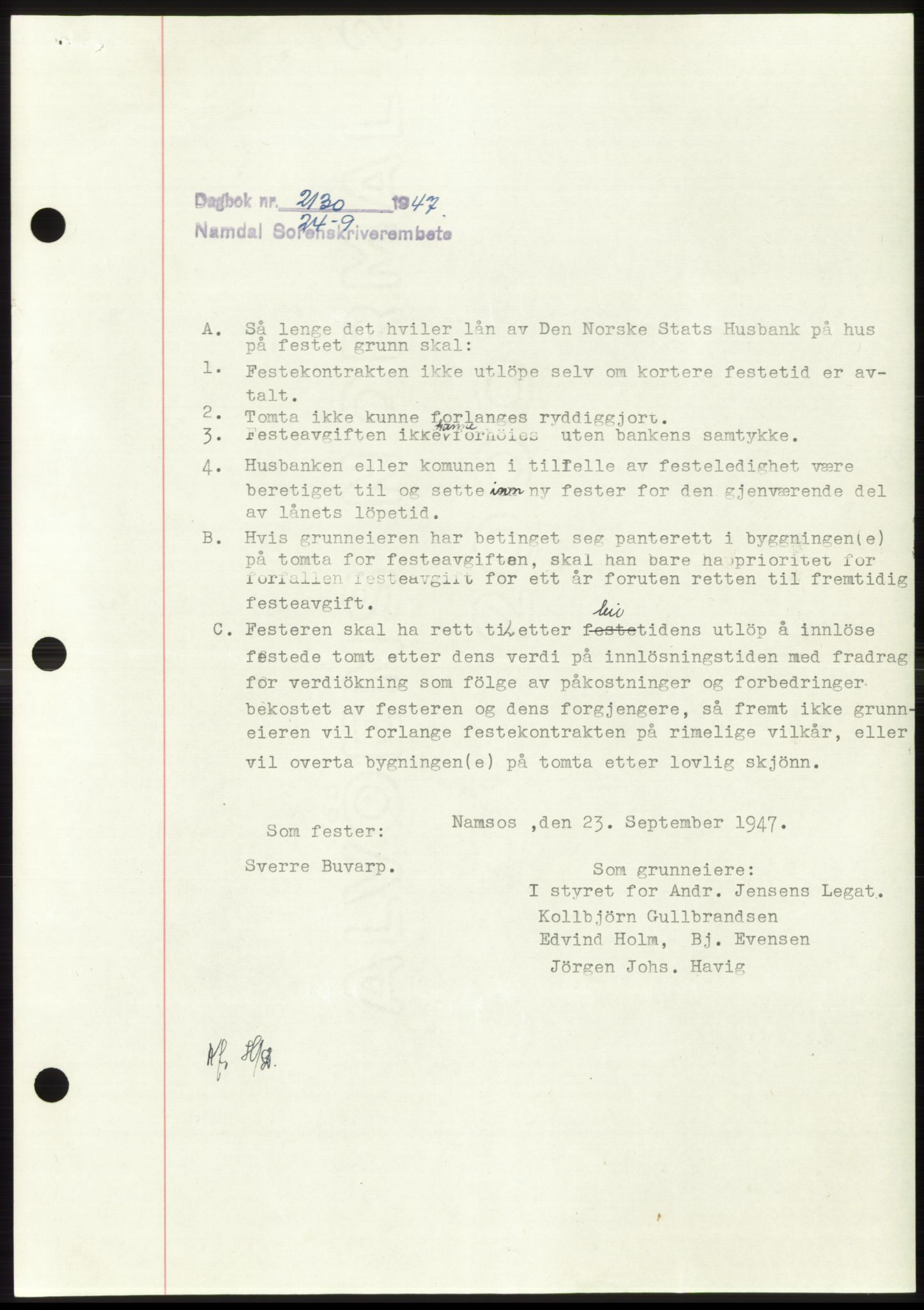 Namdal sorenskriveri, SAT/A-4133/1/2/2C: Pantebok nr. -, 1947-1947, Dagboknr: 2130/1947