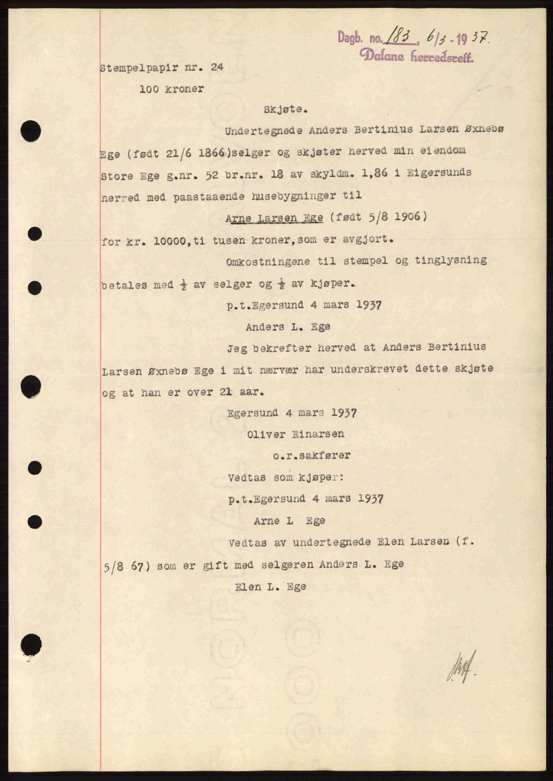 Dalane sorenskriveri, SAST/A-100309/02/G/Gb/L0041: Pantebok nr. A2, 1936-1937, Dagboknr: 183/1937