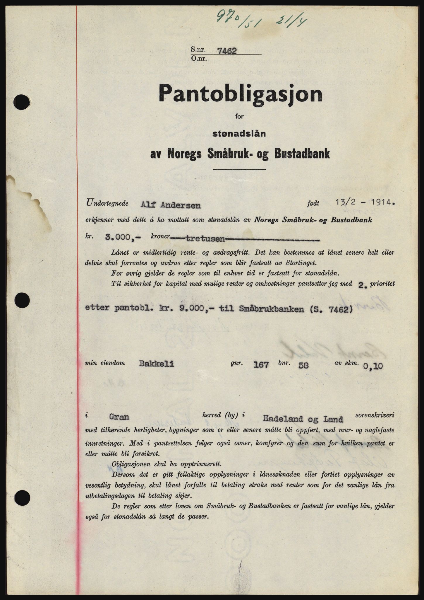 Hadeland og Land tingrett, SAH/TING-010/H/Hb/Hbc/L0021: Pantebok nr. B21, 1951-1951, Dagboknr: 970/1951