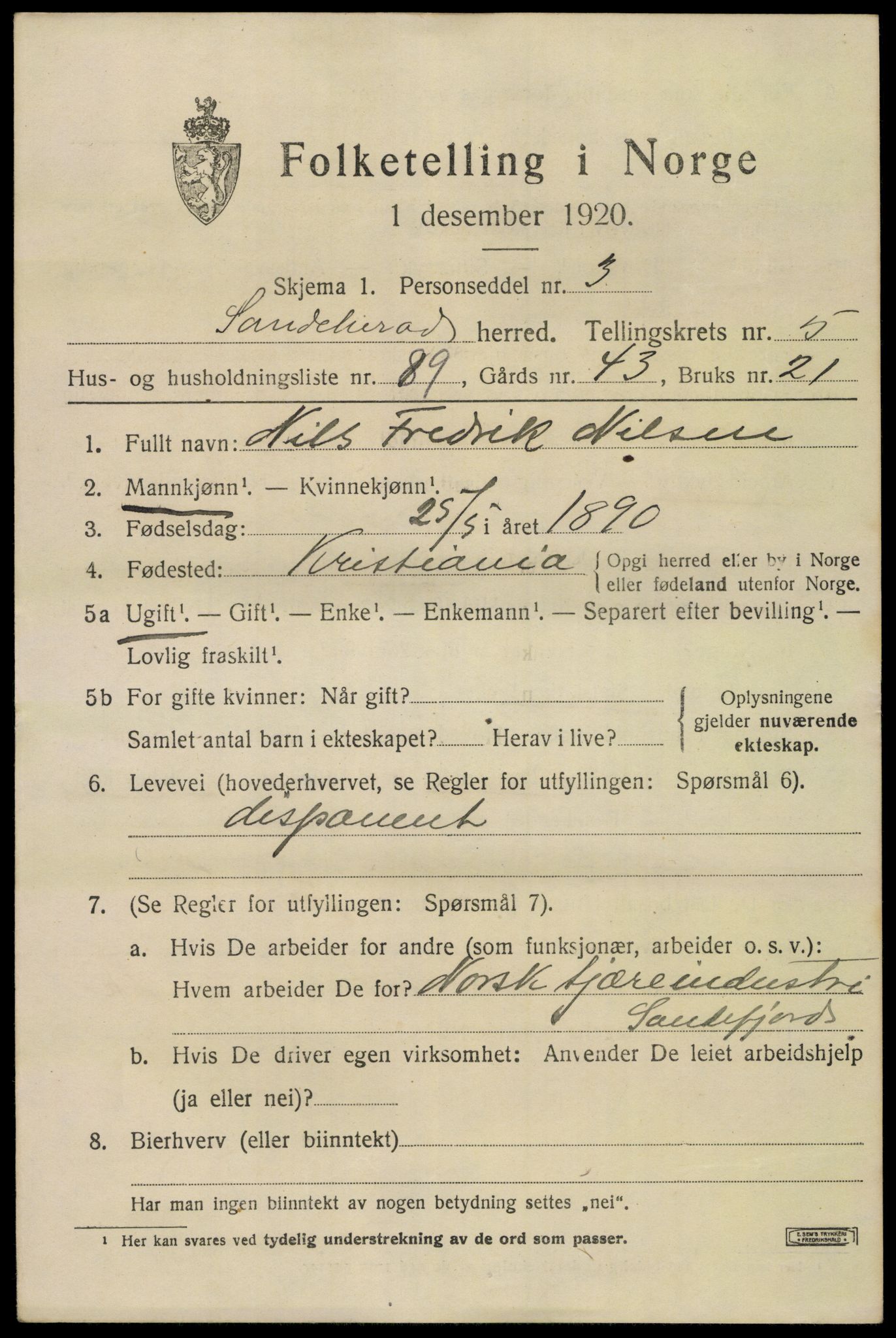 SAKO, Folketelling 1920 for 0724 Sandeherred herred, 1920, s. 9250