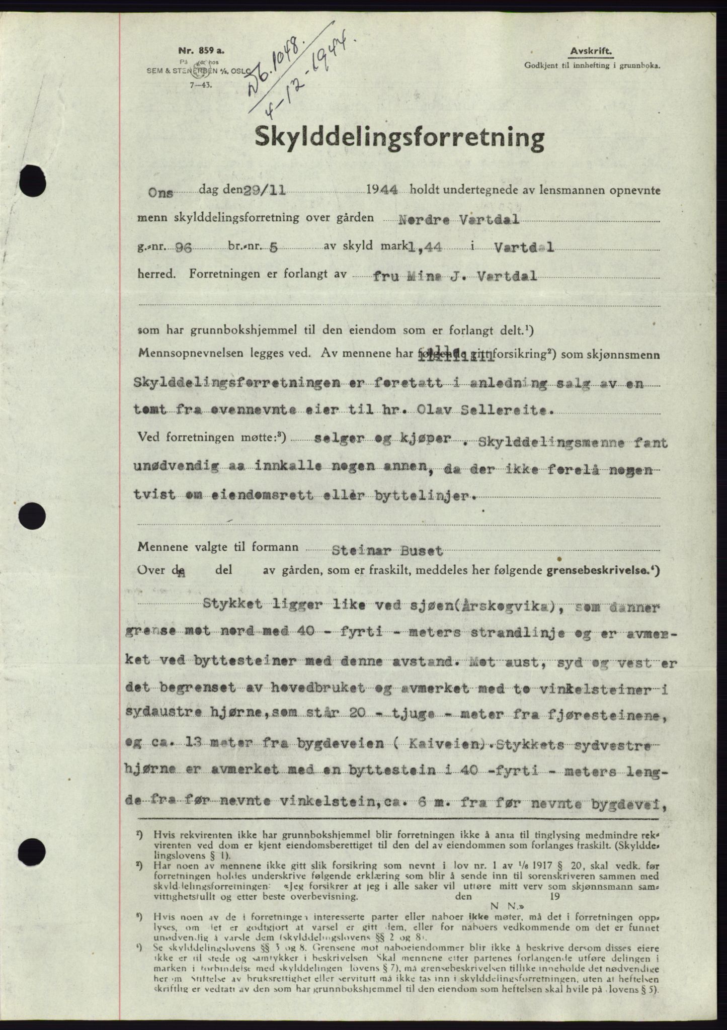Søre Sunnmøre sorenskriveri, SAT/A-4122/1/2/2C/L0076: Pantebok nr. 2A, 1943-1944, Dagboknr: 1048/1944