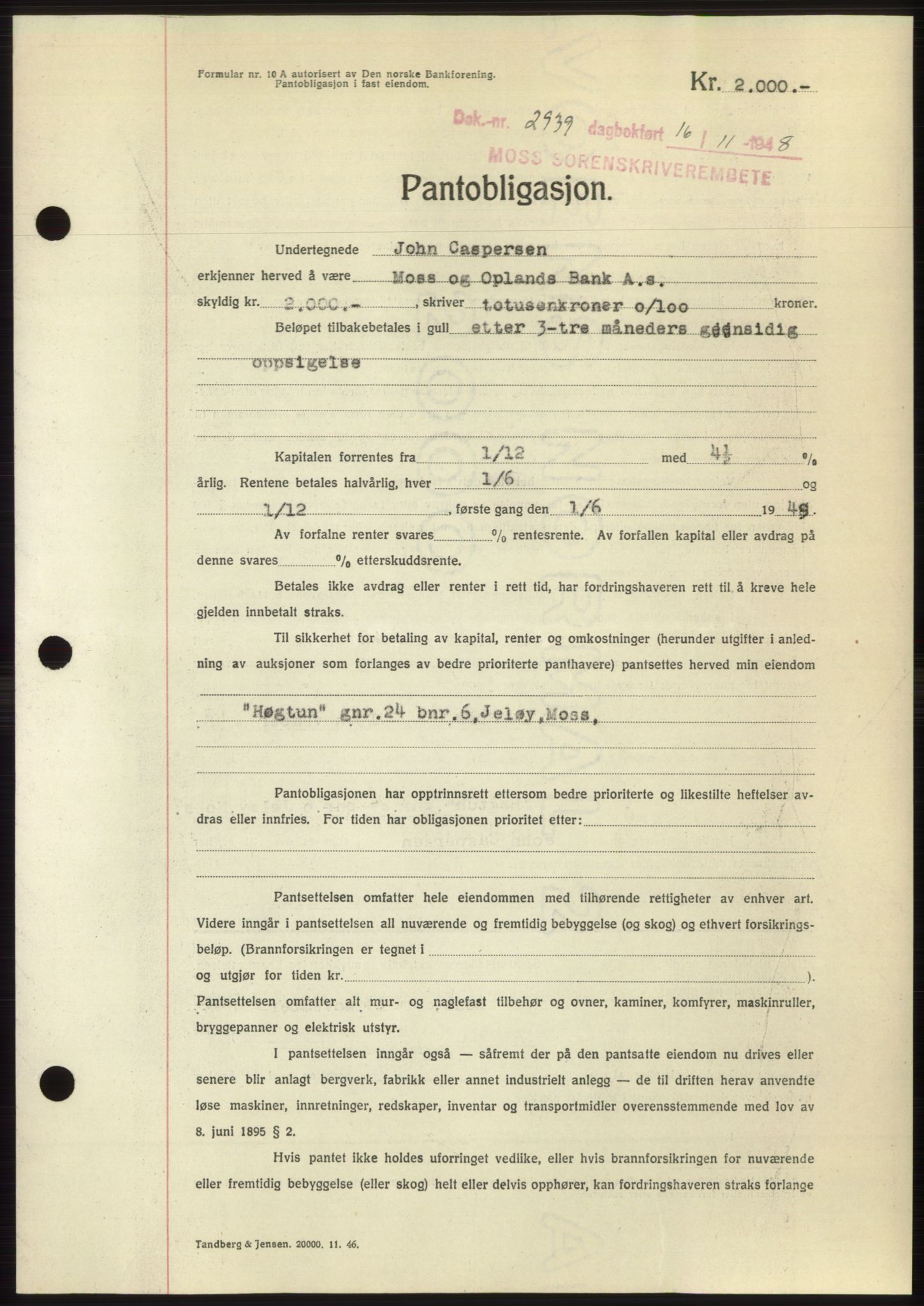 Moss sorenskriveri, AV/SAO-A-10168: Pantebok nr. B20, 1948-1948, Dagboknr: 2939/1948