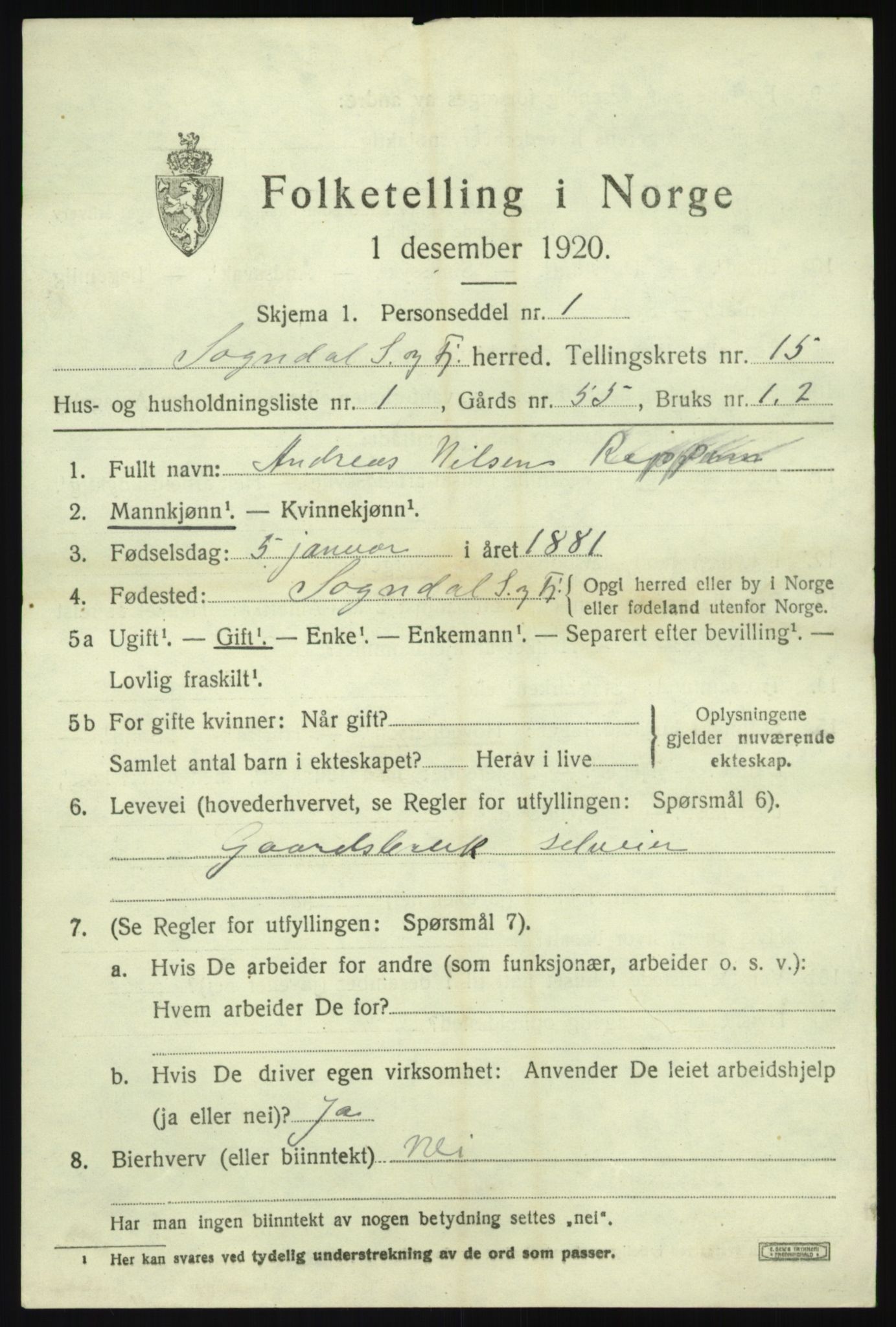 SAB, Folketelling 1920 for 1420 Sogndal herred, 1920, s. 5799