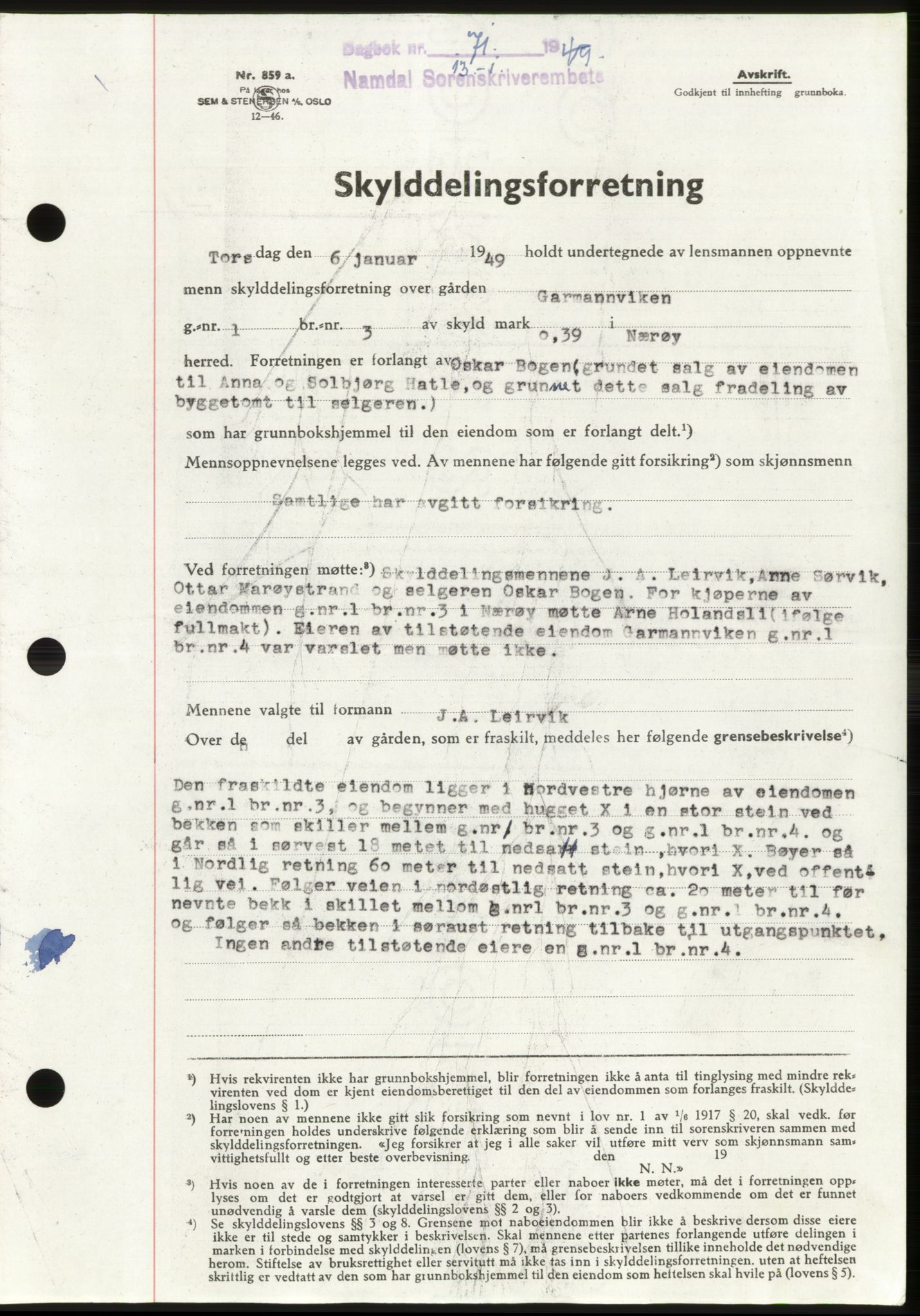 Namdal sorenskriveri, SAT/A-4133/1/2/2C: Pantebok nr. -, 1949-1949, Dagboknr: 71/1949