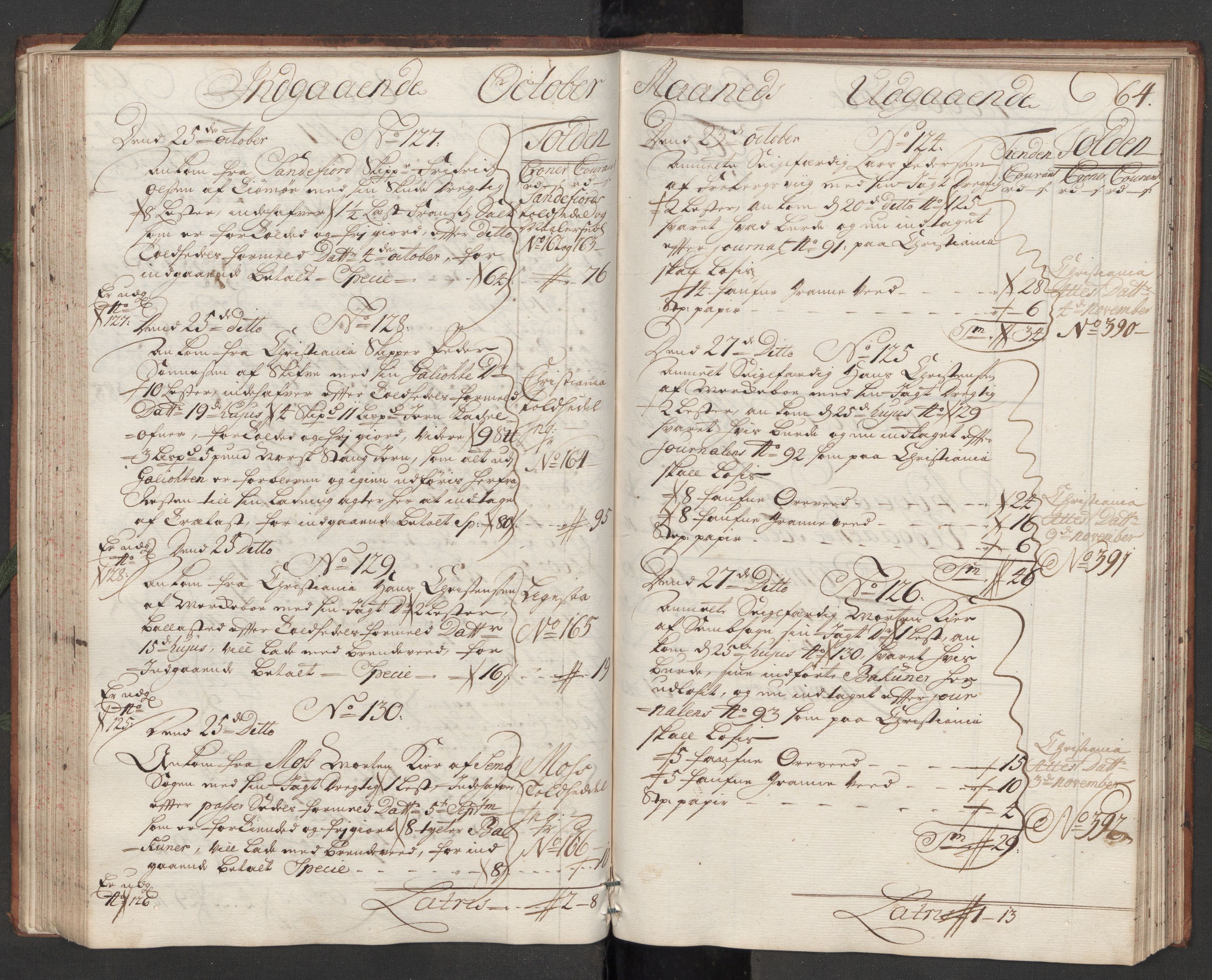Generaltollkammeret, tollregnskaper, AV/RA-EA-5490/R09/L0007/0001: Tollregnskaper Holmestrand / Hovedtollbok, 1731, s. 63b-64a