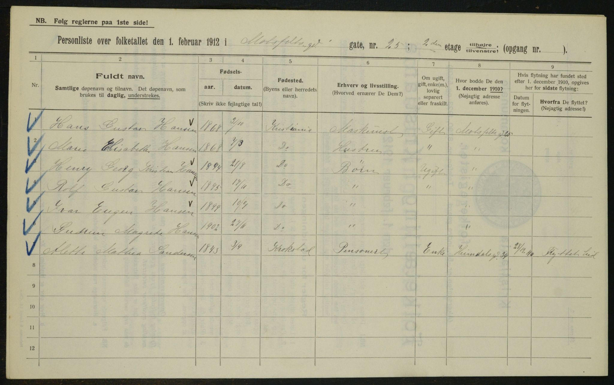 OBA, Kommunal folketelling 1.2.1912 for Kristiania, 1912, s. 66886