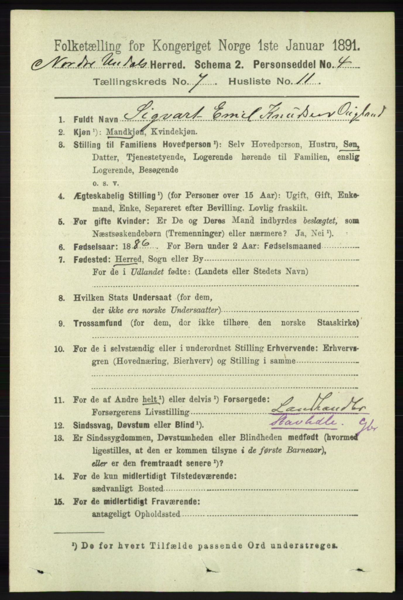 RA, Folketelling 1891 for 1028 Nord-Audnedal herred, 1891, s. 1853