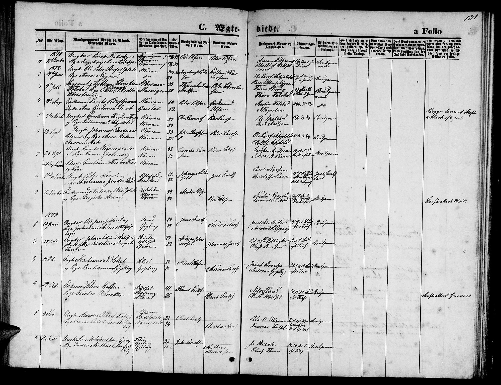 Ministerialprotokoller, klokkerbøker og fødselsregistre - Nord-Trøndelag, SAT/A-1458/744/L0422: Klokkerbok nr. 744C01, 1871-1885, s. 131