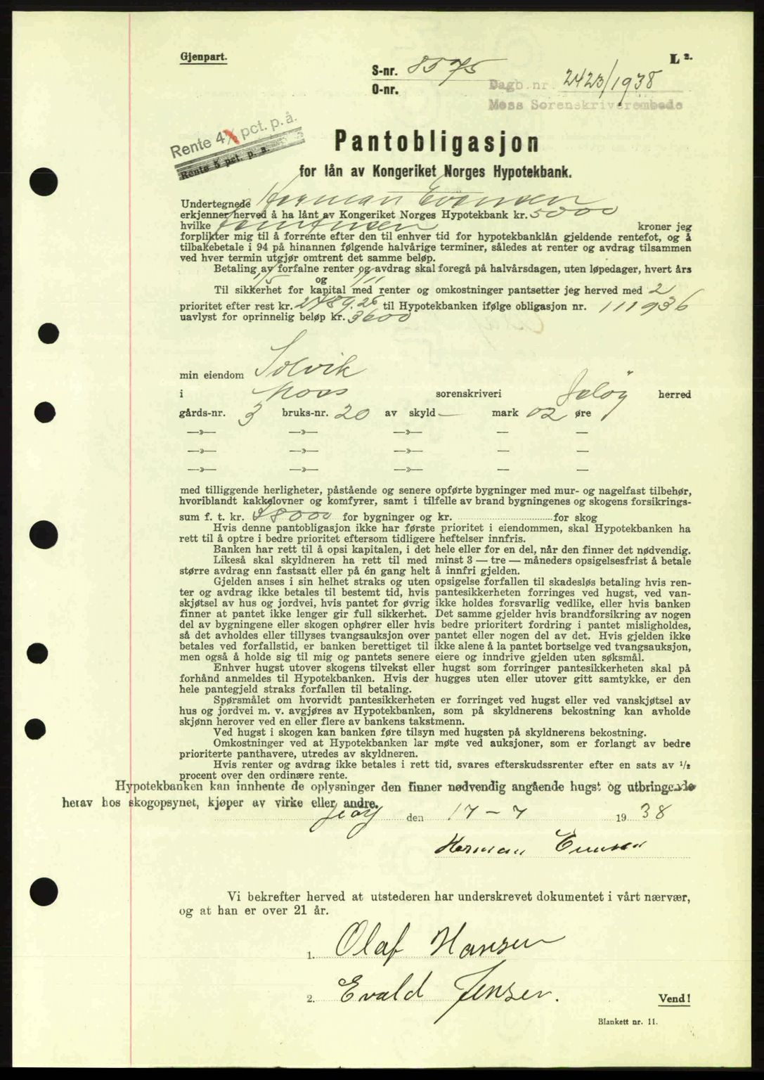 Moss sorenskriveri, SAO/A-10168: Pantebok nr. B6, 1938-1938, Dagboknr: 2423/1938