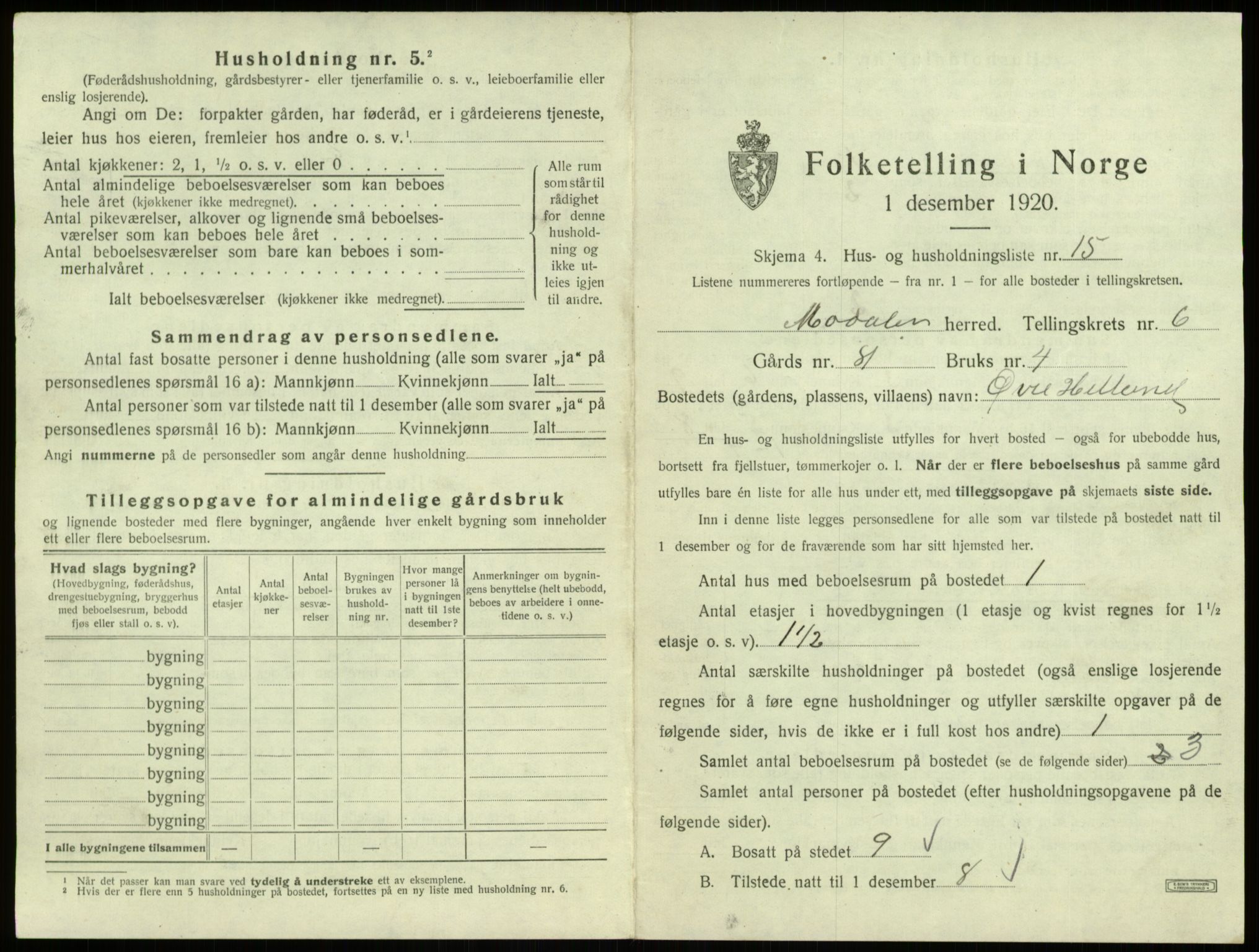 SAB, Folketelling 1920 for 1252 Modalen herred, 1920, s. 196