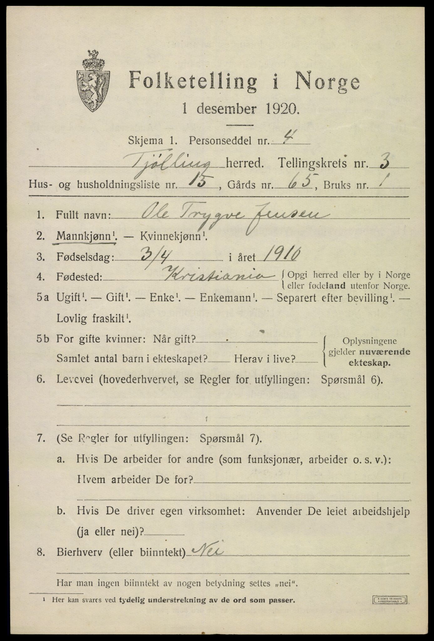 SAKO, Folketelling 1920 for 0725 Tjølling herred, 1920, s. 7069
